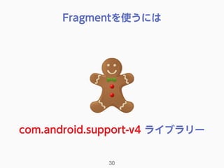 Fragmentを使うには
30
com.android.support-v4 ライブラリー
 