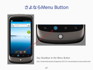 さよならMenu Button
47
Say Goodbye to the Menu Button
http://android-developers.blogspot.jp/2012/01/say-goodbye-to-menu-button.html
 