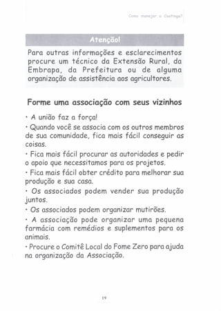 COtTIOl'1oneJor o Coot ngo?
Para outras informações e esclarecimentos
procure um técnico da Extensão Rural, da
Embrapa, da Prefeitura ou de alguma
organização de assistência aos agricultores.
Forme uma associação com seus vizinhos
o A união faz a força!
o Quando você se associa com os outros membros
de sua comunidade, fica mais fácil conseguir as
coisas.
o Fica mais fácil procurar as autoridades e pedir
o apoio que necessitamos para os projetos.
o Fica mais fácil obter crédito para melhorar sua
produção e sua casa.
o Os associados podem vender sua produção
juntos.
o Os associados podem organizar mutirões.
o A associação pode organizar uma pequena
farmácia com remédios e suplementos para os
animais.
o Procure o Comitê Local do FomeZero para ajuda
na organização da Associação.
19
 