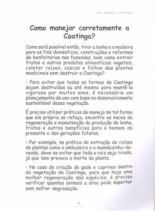 Como manejar a Caatinga?
Como manejar corretamente a
C~atin9a?
Comoserá possívelentão, tirar a lenhae a madeira
para os fins domésticos, construções e reformas
de benfeitorias nas fazendas, bem como extrair
frutos e outros produtos alimentícios vegetais,
coletar raízes, cascas e folhas das plantas
medicinais sem destruir a Caatinga?
• Para evitar que todas as formas de Caatinga
sejam destruídas ou até mesmo para mantê-Ia
vigorosa por muitos anos, é necessário um
planejamento de usocombasenodesenvolvimento
sustentável dessa vegetação.
,
E preciso utilizar práticas de manejo de tal forma
que ela própria se refaça, encontre os meios de
regeneração e manutençãoda produção de lenha,
frutos e outros benefícios para o homem do
presente e das gerações futuras.
• Por exemplo, na prática de extração de raízes
de plantas comoo umbuzeiro e o mamãozinho-de-
veado, deve-se evitar que toda a raiz seja tirada,
já que isso provoca a morte da planta.
• No caso de criação de gado e caprinos dentro
da vegetação de Caatinga, para que haja u~a
melhor regeneração das espécies, é precIso
verificar quantos animais a área pode suportar
sem sofrer degradação.
9
 