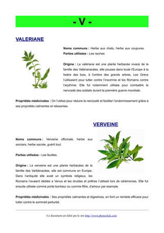 - V -
VALERIANE
Noms communs : Herbe aux chats, herbe aux coupures.
Parties utilisées : Les racines
Origine : La valériane est une plante herbacée vivace de la
famille des Valérianacées, elle pousse dans toute l’Europe à la
lisière des bois, à l’ombre des grands arbres. Les Grecs
l’utilisaient pour lutter contre l’insomnie et les Romains contre
l’arythmie. Elle fut notamment utilisée pour combattre la
nervosité des soldats durant la première guerre mondiale.
Propriétés médicinales : On l’utilise pour réduire la nervosité et faciliter l’endormissement grâce à
ses propriétés calmantes et relaxantes.
VERVEINE
Noms communs : Verveine officinale, herbe aux
sorciers, herbe sacrée, guérit tout.
Parties utilisées : Les feuilles.
Origine : La verveine est une plante herbacées de la
famille des Verbénacées, elle est commune en Europe.
Dans l’antiquité elle avait un symbole religieux, les
Romains l’avaient dédiée a Venus et les druides et prêtres l’utilisait lors de cérémonies. Elle fut
ensuite utilisée comme porte bonheur ou comme filtre, d’amour par exemple.
Propriétés médicinales : Ses propriétés calmantes et digestives, en font un remède efficace pour
lutter contre le sommeil perturbé.
Ce document est édité par le site http://www.phytoclick.com
 