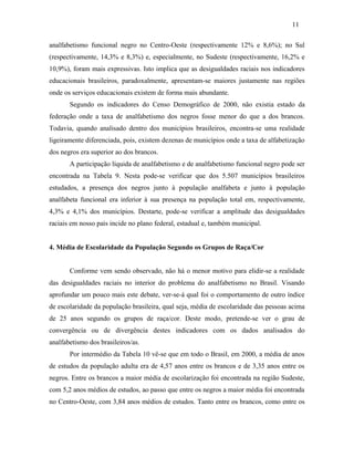 11
analfabetismo funcional negro no Centro-Oeste (respectivamente 12% e 8,6%); no Sul
(respectivamente, 14,3% e 8,3%) e, especialmente, no Sudeste (respectivamente, 16,2% e
10,9%), foram mais expressivas. Isto implica que as desigualdades raciais nos indicadores
educacionais brasileiros, paradoxalmente, apresentam-se maiores justamente nas regiões
onde os serviços educacionais existem de forma mais abundante.
Segundo os indicadores do Censo Demográfico de 2000, não existia estado da
federação onde a taxa de analfabetismo dos negros fosse menor do que a dos brancos.
Todavia, quando analisado dentro dos municípios brasileiros, encontra-se uma realidade
ligeiramente diferenciada, pois, existem dezenas de municípios onde a taxa de alfabetização
dos negros era superior ao dos brancos.
A participação líquida de analfabetismo e de analfabetismo funcional negro pode ser
encontrada na Tabela 9. Nesta pode-se verificar que dos 5.507 municípios brasileiros
estudados, a presença dos negros junto à população analfabeta e junto à população
analfabeta funcional era inferior à sua presença na população total em, respectivamente,
4,3% e 4,1% dos municípios. Destarte, pode-se verificar a amplitude das desigualdades
raciais em nosso país incide no plano federal, estadual e, também municipal.
4. Média de Escolaridade da População Segundo os Grupos de Raça/Cor
Conforme vem sendo observado, não há o menor motivo para elidir-se a realidade
das desigualdades raciais no interior do problema do analfabetismo no Brasil. Visando
aprofundar um pouco mais este debate, ver-se-á qual foi o comportamento de outro índice
de escolaridade da população brasileira, qual seja, média de escolaridade das pessoas acima
de 25 anos segundo os grupos de raça/cor. Deste modo, pretende-se ver o grau de
convergência ou de divergência destes indicadores com os dados analisados do
analfabetismo dos brasileiros/as.
Por intermédio da Tabela 10 vê-se que em todo o Brasil, em 2000, a média de anos
de estudos da população adulta era de 4,57 anos entre os brancos e de 3,35 anos entre os
negros. Entre os brancos a maior média de escolarização foi encontrada na região Sudeste,
com 5,2 anos médios de estudos, ao passo que entre os negros a maior média foi encontrada
no Centro-Oeste, com 3,84 anos médios de estudos. Tanto entre os brancos, como entre os

 
