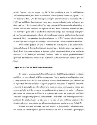 8
raciais. Destarte, entre os negros, em 18,1% dos municípios a taxa de analfabetismo
funcional superava os 60%. Entre os brancos tal realidade era encontrada em, apenas, 5,2%
dos municípios. Em 21,9% dos municípios os negros encontravam-se na faixa entre 50% e
59,9% de analfabetos funcionais, ao passo que o mesmo indicador entre os brancos era
observado em 12,8% dos municípios. Com isso, em quase 40% dos municípios brasileiros a
taxa de analfabetismo funcional era superior aos 50%. Entre os brancos, somente em 18%
dos municípios que a taxa de analfabetismo funcional atingia mais da metade deste grupo
de raça/cor. Alternativamente, a faixa selecionada mais baixa de analfabetismo funcional
(menos de 30%), correspondia a situação dos brancos em 39,2% dos municípios brasileiros,
ao passo que entre os negros tal cenário era realidade em 11,3% dos municípios brasileiros.
Deste modo, pode-se ver que o problema do analfabetismo e do analfabetismo
funcional afetava de forma absolutamente assimétrica os distintos grupos de raça/cor no
Brasil. Estas diferenças acabavam se fazendo refletir na composição racial da população
analfabeta e da população analfabeta funcional, onde os negros proporcionalmente
apareciam de modo mais intensivo que os brancos. Esta discussão será vista no próximo
bloco.
3. Qual a Raça/Cor dos Analfabetos Brasileiros?
Os números levantados pelo Censo Demográfico de 2000 revelam que da população
analfabeta em todo o Brasil, 63,4% eram negros/as. Entre a população analfabeta funcional
a composição racial era de 57,4% de negros/as. Pode-se verificar também que, com exceção
da região Sul, em todas as demais 4 regiões geográficas brasileiras, os negros/as formavam
a maioria da população que não sabiam ler e escrever. Ainda assim, deve-se indicar que
mesmo no Sul o peso dos negros na população analfabeta superava em muito (14,3 pontos
percentuais na população analfabeta e 8,3 pontos percentuais na população analfabeta
funcional) o seu peso na população como um todo. Deste modo, é um fato inequívoco que o
problema do analfabetismo, se não era (e se não é) um problema exclusivo dos
afrodescendentes, é uma questão que afeta primordialmente a população negra (Tabela 7).
Um dos modos de medirmos com mais precisão as desigualdades raciais em termos
dos índices de alfabetização de pessoas maiores de 15 anos é calculando a participação

 