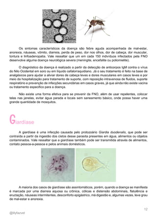 12
@lilyfazvet
Os sintomas característicos da doença são febre aguda acompanhada de mal-estar,
anorexia, náuseas, vômito, diarreia, perda de peso, dor nos olhos, dor de cabeça, dor muscular,
tontura e linfoadenopatia. Vale ressaltar que um em cada 150 indivíduos infectados pela FNO
desenvolve alguma doença neurológica severa (meningite, encefalite ou poliomielite).
O diagnóstico da doença é realizado a partir da detecção de anticorpos IgM contra o vírus
do Nilo Ocidental em soro ou em líquido cefalorraquidiano. Já o seu tratamento é feito na base de
analgésicos para ajudar a aliviar dores de cabeça leves e dores musculares em casos leves e por
meio da hospitalização para tratamento de suporte, com reposição intravenosa de fluidos, suporte
respiratório e prevenção de infecções secundárias em casos graves, já que ainda não existe vacina
ou tratamento especifico para a doença.
Não existe uma forma efetiva para se prevenir da FNO, além de usar repelentes, colocar
telas nas janelas, evitar água parada e locais sem saneamento básico, onde possa haver uma
grande quantidade de mosquitos.
iardíase
A giardíase é uma infecção causada pelo protozoário Giardia duodenalis, que pode ser
contraída a partir da ingestão dos cistos desse parasita presentes em água, alimentos ou objetos
contaminados. Vale ressaltar que a giardíase também pode ser transmitida através de alimentos,
contato pessoa-a-pessoa e pelos animais domésticos.
A maioria dos casos de giardíase são assintomáticos, porém, quando a doença se manifesta
é marcada por uma diarreia aquosa ou crônica, cólicas e distensão abdominais, flatulência e
eructação, náuseas intermitentes, desconforto epigástrico, má digestão e, algumas vezes, leve grau
de mal-estar e anorexia.
 