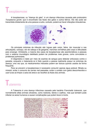 22
@lilyfazvet
oxoplasmose
A toxoplasmose, ou “doença do gato”, é um doença infecciosa causada pelo protozoário
Toxoplasma gondii, que é encontrado nas fezes dos gatos e outros felinos. Ela não pode ser
transmitida diretamente de uma pessoa a outra, contudo, podem-se haver infecções intrauterinas.
Os principais sintomas da infecção são ínguas pelo corpo, febre, dor muscular e nas
articulações, cansaço, dor de cabeça e de garganta, manchas vermelhas pelo corpo e dificuldade
para enxergar. Entretanto, a maioria dos casos de toxoplasmose são assintomáticos e pessoas
com o sistema imunológico debilitado podem ter problemas mais graves, como convulsões e
problemas pulmonares.
O diagnóstico é dado por meio de exames de sangue para detectar anticorpos contra o
parasita, enquanto o tratamento só é feito quando a pessoa realmente possui os sintomas da
doença, uma vez que, os medicamentos indicados podem ser tóxicos quando usados de forma
frequente.
Para se prevenir a toxoplasmose é necessário consumir apenas água potável, filtrada ou
mineral, evitar o consumo de carnes mal passadas, evitar o contato com gatos desconhecidos e
usar luvas ao limpar a caixa de areia e ao recolher as fezes dos animais.
ularemia
A Tularemia é uma doença infecciosa causada pela bactéria Francisella tularensis, que
normalmente afeta animais silvestres, como roedores, lebres e coelhos, mas que também pode
infectar os seres humanos e causar complicações que podem levar à morte.
 