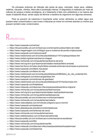 23
@lilyfazvet
Os principais sintomas de infecção são perda de peso, mal-estar, tosse seca, cefaleia,
calafrios, náuseas, vômitos, febre alta e prostração intensa. O diagnóstico é realizado por meio de
culturas de sangue e testes sorológicos, já o tratamento é feito com antibióticos e na maioria das
vezes é bastante eficaz, sendo capaz de eliminar a bactéria do organismo em algumas semanas.
Para se prevenir da tularemia é importante evitar comer alimentos ou beber água que
possam estar contaminados e usar luvas e máscaras ao mexer em animais doentes ou mortos que
possam também estar contaminados.
eferências
 https://www.tuasaude.com/antraz/
 https://drauziovarella.uol.com.br/doencas-e-sintomas/brucelose-febre-de-malta/
 https://www.megaimagem.com.br/blog/o-que-e-a-doenca-do-pombo-criptococose/
 https://www.tuasaude.com/criptococose/#
 https://www.medicinanet.com.br/conteudos/biblioteca/1741/criptosporidiase.htm
 https://www.dndial.org/doencas/doenca-chagas/
 https://www.minhavida.com.br/saude/temas/doenca-de-lyme
 https://www.msf.org.br/o-que-fazemos/atividades-medicas/febre-amarela
 https://www.bio.fiocruz.br/index.php/br/febre-amarela-sintomas-transmissao-e-prevencao
 https://www.tuasaude.com/febre-maculosa/
 https://www.tuasaude.com/febre-do-nilo/
 https://www.medicinanet.com.br/conteudos/biblioteca/2096/febre_do_nilo_ocidental.htm
 https://www.biologianet.com/doencas/giardiase.htm
 https://www.tuasaude.com/sintomas-de-giardiase/
 https://www.medicinanet.com.br/conteudos/biblioteca/2101/hantaviroses.htm
 https://www.tuasaude.com/hidatidose/
 https://www.mdsaude.com/doencas-infecciosas/parasitoses/larva-migrans/
 https://www.minhavida.com.br/saude/temas/leishmaniose
 https://www.msf.org.br/o-que-fazemos/atividades-medicas/leishmaniose
 https://www.minhavida.com.br/saude/temas/leptospirose
 https://drauziovarella.uol.com.br/doencas-e-sintomas/malaria/
 https://www.minhavida.com.br/saude/temas/malaria
 https://www.vedovatipisos.com.br/noticias-artigos/o-que-e-mormo/
 https://www.tuasaude.com/psitacose/
 https://www.atlasdasaude.pt/publico/content/psitacose
 https://www.tuasaude.com/sintomas-de-raiva/
 https://www.minhavida.com.br/saude/temas/raiva
 https://www.rededorsaoluiz.com.br/doencas/salmonela
 https://drauziovarella.uol.com.br/doencas-e-sintomas/sarna-escabiose/
 https://www.tuasaude.com/tifo/
 https://www.minhavida.com.br/saude/temas/tifo
 https://www.mdsaude.com/doencas-infecciosas/parasitoses/toxoplasmose/
 https://www.tuasaude.com/tularemia/
 