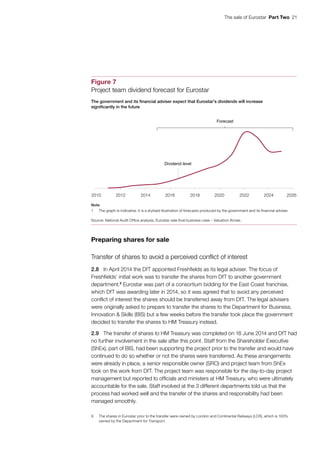 The sale of Eurostar  Part Two  21
Preparing shares for sale
Transfer of shares to avoid a perceived conflict of interest
2.8	 In April 2014 the DfT appointed Freshfields as its legal adviser. The focus of
Freshfields’ initial work was to transfer the shares from DfT to another government
department.9
Eurostar was part of a consortium bidding for the East Coast franchise,
which DfT was awarding later in 2014, so it was agreed that to avoid any perceived
conflict of interest the shares should be transferred away from DfT. The legal advisers
were originally asked to prepare to transfer the shares to the Department for Business,
Innovation & Skills (BIS) but a few weeks before the transfer took place the government
decided to transfer the shares to HM Treasury instead.
2.9	 The transfer of shares to HM Treasury was completed on 18 June 2014 and DfT had
no further involvement in the sale after this point. Staff from the Shareholder Executive
(ShEx), part of BIS, had been supporting the project prior to the transfer and would have
continued to do so whether or not the shares were transferred. As these arrangements
were already in place, a senior responsible owner (SRO) and project team from ShEx
took on the work from DfT. The project team was responsible for the day‑to‑day project
management but reported to officials and ministers at HM Treasury, who were ultimately
accountable for the sale. Staff involved at the 3 different departments told us that the
process had worked well and the transfer of the shares and responsibility had been
managed smoothly.
9	 The shares in Eurostar prior to the transfer were owned by London and Continental Railways (LCR), which is 100%
owned by the Department for Transport.
2010 2012 2014 2016 2018 2020 2022 2024 2026
Figure 7
Project team dividend forecast for Eurostar
Dividend level
Note
1 The graph is indicative. It is a stylised illustration of forecasts produced by the government and its ﬁnancial adviser.
Source: National Audit Ofﬁce analysis; Eurostar sale ﬁnal business case – Valuation Annex.
The government and its ﬁnancial adviser expect that Eurostar's dividends will increase
signiﬁcantly in the future
Forecast
 