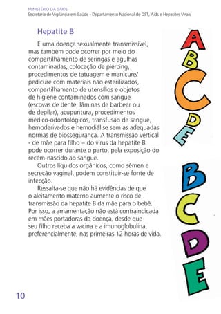 10
MINISTÉRIO DA SAÚDE
Secretaria de Vigilância em Saúde - Departamento Nacional de DST, Aids e Hepatites Virais
MINISTÉRIO DA SAÚDE
Secretaria de Vigilância em Saúde - Departamento Nacional de DST, Aids e Hepatites Virais
Hepatite B
É uma doença sexualmente transmissível,
mas também pode ocorrer por meio do
compartilhamento de seringas e agulhas
contaminadas, colocação de piercing,
procedimentos de tatuagem e manicure/
pedicure com materiais não esterilizados,
compartilhamento de utensílios e objetos
de higiene contaminados com sangue
(escovas de dente, lâminas de barbear ou
de depilar), acupuntura, procedimentos
médico-odontológicos, transfusão de sangue,
hemoderivados e hemodiálise sem as adequadas
normas de biossegurança. A transmissão vertical
- de mãe para filho − do vírus da hepatite B
pode ocorrer durante o parto, pela exposição do
recém-nascido ao sangue.
Outros líquidos orgânicos, como sêmen e
secreção vaginal, podem constituir-se fonte de
infecção.
Ressalta-se que não há evidências de que
o aleitamento materno aumente o risco de
transmissão da hepatite B da mãe para o bebê.
Por isso, a amamentação não está contraindicada
em mães portadoras da doença, desde que
seu filho receba a vacina e a imunoglobulina,
preferencialmente, nas primeiras 12 horas de vida.
 