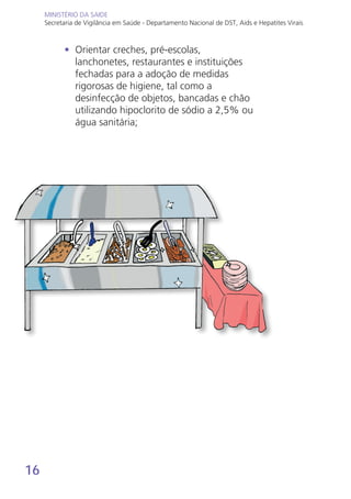 16
MINISTÉRIO DA SAÚDE
Secretaria de Vigilância em Saúde - Departamento Nacional de DST, Aids e Hepatites Virais
MINISTÉRIO DA SAÚDE
Secretaria de Vigilância em Saúde - Departamento Nacional de DST, Aids e Hepatites Virais
•	 Orientar creches, pré-escolas,
lanchonetes, restaurantes e instituições
fechadas para a adoção de medidas
rigorosas de higiene, tal como a
desinfecção de objetos, bancadas e chão
utilizando hipoclorito de sódio a 2,5% ou
água sanitária;
 