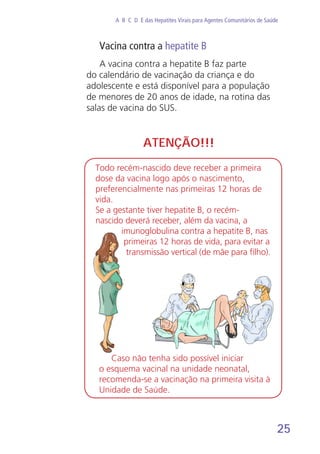 25
A B C D E das Hepatites Virais para Agentes Comunitários de Saúde
Vacina contra a hepatite B
A vacina contra a hepatite B faz parte
do calendário de vacinação da criança e do
adolescente e está disponível para a população
de menores de 20 anos de idade, na rotina das
salas de vacina do SUS.
Caso não tenha sido possível iniciar
o esquema vacinal na unidade neonatal,
recomenda-se a vacinação na primeira visita à
Unidade de Saúde.
Todo recém-nascido deve receber a primeira
dose da vacina logo após o nascimento,
preferencialmente nas primeiras 12 horas de
vida.
Se a gestante tiver hepatite B, o recém-
nascido deverá receber, além da vacina, a
imunoglobulina contra a hepatite B, nas
primeiras 12 horas de vida, para evitar a
transmissão vertical (de mãe para filho).
ATENÇÃO!!!
 
