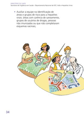 34
MINISTÉRIO DA SAÚDE
Secretaria de Vigilância em Saúde - Departamento Nacional de DST, Aids e Hepatites Virais
MINISTÉRIO DA SAÚDE
Secretaria de Vigilância em Saúde - Departamento Nacional de DST, Aids e Hepatites Virais
•	 Auxiliar a equipe na identificação de
áreas e grupos de risco para a hepatites
virais: áreas com carência de saneamento,
grupos de usuários de drogas, pessoas
não imunizadas ou que não completaram
esquemas vacinais;
 
