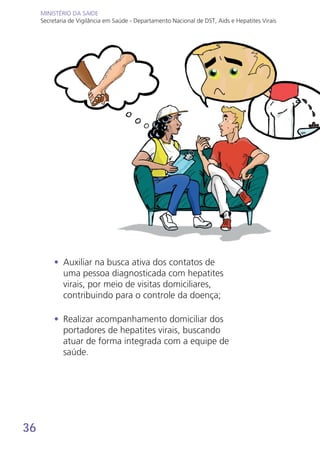36
MINISTÉRIO DA SAÚDE
Secretaria de Vigilância em Saúde - Departamento Nacional de DST, Aids e Hepatites Virais
MINISTÉRIO DA SAÚDE
Secretaria de Vigilância em Saúde - Departamento Nacional de DST, Aids e Hepatites Virais
•	 Auxiliar na busca ativa dos contatos de
uma pessoa diagnosticada com hepatites
virais, por meio de visitas domiciliares,
contribuindo para o controle da doença;
•	 Realizar acompanhamento domiciliar dos
portadores de hepatites virais, buscando
atuar de forma integrada com a equipe de
saúde.
 