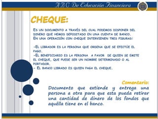 ES UN DOCUMENTO A TRAVÉS DEL CUAL PODEMOS DISPONER DEL
DINERO QUE HEMOS DEPOSITADO EN UNA CUENTA DE BANCO.
EN UNA OPERACIÓN CON CHEQUE INTERVIENEN TRES FIGURAS:
-EL LIBRADOR ES LA PERSONA QUE ORDENA QUE SE EFECTÚE EL
PAGO.
-EL BENEFICIARIO ES LA PERSONA A FAVOR DE QUIEN SE EMITE
EL CHEQUE, QUE PUEDE SER UN NOMBRE DETERMINADO O AL
PORTADOR.
- EL BANCO LIBRADO ES QUIEN PAGA EL CHEQUE.
Documento que extiende y entrega una
persona a otra para que esta pueda retirar
una cantidad de dinero de los fondos que
aquélla tiene en el banco.
 