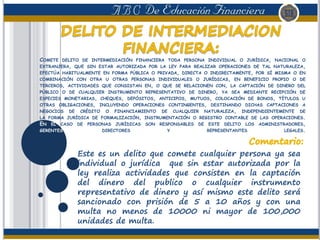 COMETE DELITO DE INTERMEDIACIÓN FINANCIERA TODA PERSONA INDIVIDUAL O JURÍDICA, NACIONAL O
EXTRANJERA, QUE SIN ESTAR AUTORIZADA POR LA LEY PARA REALIZAR OPERACIONES DE TAL NATURALEZA,
EFECTÚA HABITUALMENTE EN FORMA PÚBLICA O PRIVADA, DIRECTA O INDIRECTAMENTE, POR SÍ MISMA O EN
COMBINACIÓN CON OTRA U OTRAS PERSONAS INDIVIDUALES O JURÍDICAS, EN BENEFICIO PROPIO O DE
TERCEROS, ACTIVIDADES QUE CONSISTAN EN, O QUE SE RELACIONEN CON, LA CAPTACIÓN DE DINERO DEL
PÚBLICO O DE CUALQUIER INSTRUMENTO REPRESENTATIVO DE DINERO, YA SEA MEDIANTE RECEPCIÓN DE
ESPECIES MONETARIAS, CHEQUES, DEPÓSITOS, ANTICIPOS, MUTUOS, COLOCACIÓN DE BONOS, TÍTULOS U
OTRAS OBLIGACIONES, INCLUYENDO OPERACIONES CONTINGENTES, DESTINANDO DICHAS CAPTACIONES A
NEGOCIOS DE CRÉDITO O FINANCIAMIENTO DE CUALQUIER NATURALEZA, INDEPENDIENTEMENTE DE
LA FORMA JURÍDICA DE FORMALIZACIÓN, INSTRUMENTACIÓN O REGISTRO CONTABLE DE LAS OPERACIONES.
EN EL CASO DE PERSONAS JURÍDICAS SON RESPONSABLES DE ESTE DELITO LOS ADMINISTRADORES,
GERENTES, DIRECTORES Y REPRESENTANTES LEGALES.
Este es un delito que comete cualquier persona ya sea
individual o jurídica que sin estar autorizada por la
ley realiza actividades que consisten en la captación
del dinero del publico o cualquier instrumento
representativo de dinero y así mismo este delito será
sancionado con prisión de 5 a 10 años y con una
multa no menos de 10000 ni mayor de 100,000
unidades de multa.
 