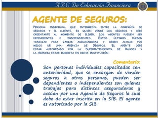 PERSONA INDIVIDUAL QUE INTERMEDIA ENTRE LA COMPAÑÍA DE
SEGUROS Y EL CLIENTE, ES QUIEN VENDE LOS SEGUROS Y DEBE
ORIENTARTE AL MOMENTO DE ELEGIR. LOS AGENTES PUEDEN SER
DEPENDIENTES E INDEPENDIENTES. ESTOS ÚLTIMOS PUEDEN
TRABAJAR PARA VARIAS ASEGURADORAS Y DEBEN ACTUAR POR
MEDIO DE UNA AGENCIA DE SEGUROS. EL AGENTE DEBE
ESTAR AUTORIZADO POR LA SUPERINTENDENCIA DE BANCOS Y
LA AGENCIA ESTAR INSCRITA EN DICHA INSTITUCIÓN.
Son personas individuales capacitadas con
anterioridad, que se encargan de vender
seguros a otras personas, pueden ser
dependientes o independientes son quienes
trabajas para distintas aseguradoras y
actúan por una Agencia de Seguros la cual
debe de estar inscrita en la SIB. El agente
es autorizado por la SIB.
 