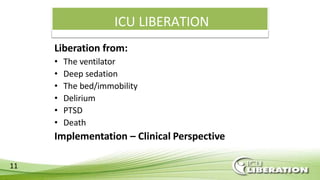 ICU LIBERATION
11
Liberation from:
• The ventilator
• Deep sedation
• The bed/immobility
• Delirium
• PTSD
• Death
Implementation – Clinical Perspective
 