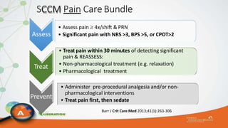 SCCM Pain CareBundle
Assess
• Assess pain  4x/shift & PRN
• Significant pain with NRS >3, BPS >5, or CPOT>2
Treat
• Treat pain within 30 minutes of detecting significant
pain & REASSESS:
• Non-pharmacological treatment (e.g. relaxation)
• Pharmacological treatment
Prevent
• Administer pre-procedural analgesia and/or non-
pharmacological interventions
• Treat pain first, then sedate
Barr J Crit Care Med 2013;41(1):263-306
 