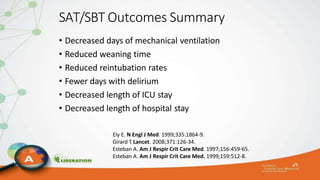 SAT/SBT Outcomes Summary
• Decreased days of mechanical ventilation
• Reduced weaning time
• Reduced reintubation rates
• Fewer days with delirium
• Decreased length of ICU stay
• Decreased length of hospital stay
Ely E. N Engl J Med. 1999;335:1864-9.
Girard T.Lancet. 2008;371:126-34.
Esteban A. Am J Respir Crit Care Med. 1997;156:459-65.
Esteban A. Am J Respir Crit Care Med. 1999;159:512-8.
 