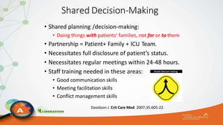 Shared Decision-Making
• Shared planning /decision-making:
• Doing things with patients’ families, not for or to them
• Partnership = Patient+ Family + ICU Team.
• Necessitates full disclosure of patient’s status.
• Necessitates regular meetings within 24-48 hours.
• Staff training needed in these areas:
• Good communication skills
• Meeting facilitation skills
• Conflict management skills
Davidson J. Crit Care Med. 2007;35:605-22.
 