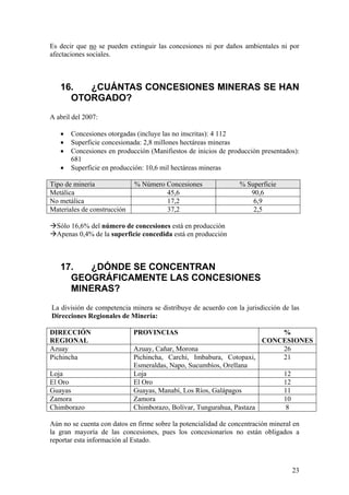 Es decir que no se pueden extinguir las concesiones ni por daños ambientales ni por
afectaciones sociales.



   16.  ¿CUÁNTAS CONCESIONES MINERAS SE HAN
     OTORGADO?
A abril del 2007:

   •   Concesiones otorgadas (incluye las no inscritas): 4 112
   •   Superficie concesionada: 2,8 millones hectáreas mineras
   •   Concesiones en producción (Manifiestos de inicios de producción presentados):
       681
   •   Superficie en producción: 10,6 mil hectáreas mineras

Tipo de minería              % Número Concesiones                % Superficie
Metálica                              45,6                          90,6
No metálica                           17,2                           6,9
Materiales de construcción            37,2                           2,5

  Sólo 16,6% del número de concesiones está en producción
  Apenas 0,4% de la superficie concedida está en producción



   17.   ¿DÓNDE SE CONCENTRAN
     GEOGRÁFICAMENTE LAS CONCESIONES
     MINERAS?
La división de competencia minera se distribuye de acuerdo con la jurisdicción de las
Direcciones Regionales de Minería:

DIRECCIÓN                    PROVINCIAS                                   %
REGIONAL                                                              CONCESIONES
Azuay                        Azuay, Cañar, Morona                         26
Pichincha                    Pichincha, Carchi, Imbabura, Cotopaxi,       21
                             Esmeraldas, Napo, Sucumbíos, Orellana
Loja                         Loja                                         12
El Oro                       El Oro                                       12
Guayas                       Guayas, Manabí, Los Ríos, Galápagos          11
Zamora                       Zamora                                       10
Chimborazo                   Chimborazo, Bolívar, Tungurahua, Pastaza      8

Aún no se cuenta con datos en firme sobre la potencialidad de concentración mineral en
la gran mayoría de las concesiones, pues los concesionarios no están obligados a
reportar esta información al Estado.



                                                                                   23
 