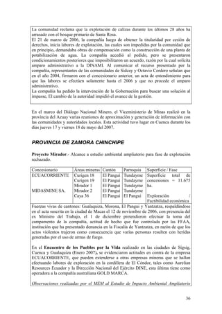 La comunidad reclama que la explotación de calizas durante los últimos 28 años ha
arrasado con el bosque primario de Santa Rosa.
El 21 de marzo de 2006, la compañía luego de obtener la titularidad por cesión de
derechos, inicia labores de explotación, las cuales son impedidas por la comunidad que
en principio, demandaba obras de compensación como la construcción de una planta de
potabilización de agua. La compañía accedió al pedido, pero se presentaron
condicionamientos posteriores que imposibilitaron un acuerdo, razón por la cual solicita
amparo administrativo a la DINAMI. Al comunicar el recurso presentado por la
compañía, representantes de las comunidades de Sidcay y Octavio Cordero señalan que
en el año 2004, firmaron con el concesionario anterior, un acta de entendimiento para
que las labores se efectúen solamente hasta el 2006 y que no procede el amparo
administrativo.
La compañía ha pedido la intervención de la Gobernación para buscar una solución al
impasse, El cambio de la autoridad impidió el avance de la gestión.


En el marco del Diálogo Nacional Minero, el Viceministerio de Minas realizó en la
provincia del Azuay varias reuniones de aproximación y generación de información con
las comunidades y autoridades locales. Esta actividad tuvo lugar en Cuenca durante los
días jueves 17 y viernes 18 de mayo del 2007.


PROVINCIA DE ZAMORA CHINCHIPE

Proyecto Mirador.- Alcance a estudio ambiental ampliatorio para fase de explotación
rechazado.

Concesionario          Áreas mineras   Cantón      Parroquia    Superficie / Fase
ECUACORRIENTE          Curigen 18      El Pangui   Tundayme     Superficie total de
                       Curigen 19      El Pangui   Tundayme     concesiones = 11.675
                       Mirador 1       El Pangui   Tundayme     ha.
MIDASMINE SA.          Mirador 2       El Pangui   Tundayme
                       Caya 36         El Pangui   El Pangui    Exploración            /
                                                                Factibilidad económica
Fuerzas vivas de cantones: Gualaquiza, Morona, El Pangui y Yantzatza, respaldándose
en el acta suscrita en la ciudad de Macas el 12 de noviembre de 2006, con presencia del
ex Ministro del Trabajo, el 1 de diciembre pretendieron efectuar la toma del
campamento de la compañía, actitud de hecho que fue controlada por las FFAA,
institución que ha presentado denuncia en la Fiscalía de Yantzatza, en razón de que los
actos violentos trajeron como consecuencia que varias personas resulten con heridas
generadas por el uso de armas de fuego.

En el Encuentro de los Pueblos por la Vida realizado en las ciudades de Sígsig,
Cuenca y Gualaquiza (Enero 2007), se evidenciaron actitudes en contra de la empresa
ECUACORRIENTE, que pueden extenderse a otras empresas mineras que se hallan
efectuando labores de exploración en la cordillera de El Cóndor, tales como Aurelian
Resources Ecuador y la Dirección Nacional del Ejército DINE, esta última tiene como
operadora a la compañía australiana GOLD MARCA.

Observaciones realizadas por el MEM al Estudio de Impacto Ambiental Ampliatorio


                                                                                     36
 