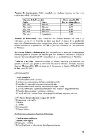 Patentes de Conservación: Valor cancelado por titulares mineros, en base a lo
establecido en la ley de Minería:

          Vigencia de la Concesión                           Monto anual (US$)
          Desde                 Hasta                        Por hectárea minera
          Año cero              Año tres                             1,00
          Año cuatro            Año seis                             2,00
          Año siete             Año nueve                            4,00
          Año diez              Año doce                             8,00
          Año trece             En adelante                         16,00

Patentes de Producción: Valor cancelado por titulares mineros, en base a lo
establecido en la ley de Minería, es decir que desde el inicio de la producción
comercial, el concesionario minero pagará una patente anual estable por cada hectárea
minera manifestada en producción, de US$ 16 (dieciséis dólares de los Estados Unidos
de América)

Derecho de Trámite Administrativo: Los interesados en la obtención de concesiones
mineras pagarán en concepto de derechos por cada trámite de solicitud de concesión
minera y por una sola vez US$ 100 (cien dólares de los Estados Unidos de América).

Productos y Servicios: Valores cancelados por clientes externos, por productos que
genera y servicios que presta la Dirección Nacional de Minería, normado mediante
Acuerdo Ministerial No. 241 publicado en el Suplemento al Registro Oficial No. 487
de 4 de enero del 2002.

Servicios Técnicos

1. Mapa geológico
1.2 Asistencia técnica en Geofísica
1.3 Análisis mineralógico por diafractometría de rayos X
1.4 Modulación matemática de cuerpos mineralizados
1.5 Asistencia técnica en estudios ambientales (equipos Hach)
1.6 Asistencia técnica a organismos seccionales para proyectos de geozonamiento
1.7 Cálculos de reservas de yacimientos metálicos
1.8 Planificación de explotación de minas y optimización de proyectos mineros

2. Prestación de servicios con equipos del MEM
2.1 Equipos de perforación
2.2 Brocas
2.3 Zapatas
2.4 Escariadores
2.5 Equipo minero

Productos de la Dirección Nacional de Geología

1. Publicaciones geológicas
2. Información digital
2.1 Geología – Minería
2.2 Clasificación de la información digital por provincias


                                                                                   52
 