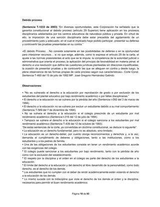 Página 19 de 93
Debido proceso
(Sentencia T-1233 de 2003) “En diversas oportunidades, esta Corporación ha señalado que la
garantía constitucional al debido proceso (artículo 29 Superior) tiene aplicación en los procesos
disciplinarios adelantados por los centros educativos de naturaleza pública y privada. En virtud de
ello, la imposición de una sanción disciplinaria debe estar precedida del agotamiento de un
procedimiento justo y adecuado, en el cual el implicado haya podido participar, presentar su defensa
y controvertir las pruebas presentadas en su contra.”
«El debido Proceso …No consiste solamente en las posibilidades de defensa o en la oportunidad
para interponer recursos… si no que exige, además, como lo expresa el artículo 29 de la carta, el
ajuste a las normas preexistentes al acto que se le imputa; la competencia de la autoridad judicial o
administrativa que orienta el proceso; la aplicación del principio de favorabilidad en materia penal; el
derecho a una resolución que defina las cuestiones jurídicas planteadas sin dilaciones injustificadas;
la ocasión de presentar pruebas y de controvertir las que se alleguen en contra y desde luego, la
plena observancia de las formas propias de cada proceso según sus características». Corte Const.
Sentencia T-460 del 15 de julio de 1992.MP. José Gregorio Hernández Galindo
Observaciones:
• “No es vulnerado el derecho a la educación por reprobación de grado o por exclusión de los
estudiantes del plantel educativo por bajo rendimiento académico o por faltas disciplinarias.”
• El derecho a la educación no se vulnera por la pérdida del año (Sentencia t-092 del 3 de marzo de
1994).
• El derecho a la educación no se vulnera por excluir un estudiante debido a su mal comportamiento
(Sentencia T-569 del 7 de diciembre de 1994).
• No se vulnera el derecho a la educación si el colegio prescinde de un estudiante por mal
rendimiento académico (Sentencia t-316 del 12 de julio de 1994).
• Tampoco se vulnera el derecho a la educación si el colegio sanciona a los estudiantes por mal
rendimiento académico (Sentencia T-439 del 12 de octubre de 1993).
“De estas sentencias de la corte, ya convertidas en doctrina constitucional, se deduce lo siguiente”:
• La educación es un derecho fundamental, pero no es absoluto, sino limitado.
• La educación es un derecho-deber, por cuanto otorga reconocimientos y derechos y, a la vez,
demanda el cumplimiento de deberes y obligaciones, tanto a las instituciones, como a los
estudiantes y a los padres de familia.
• Una de las obligaciones de los estudiantes consiste en tener un rendimiento académico acorde
con las exigencias del colegio.
* El colegio puede sancionar a los estudiantes por bajo rendimiento, tanto con la pérdida de año
como con la exclusión del establecimiento.
* El respeto por la disciplina y el orden en el colegio es parte del derecho de los estudiantes a la
educación.
* El límite del derecho a la educación y del derecho al libre desarrollo de la personalidad, como todo
derecho, es el derecho de los demás.
* Los estudiantes que no cumplen con el deber de rendir académicamente están violando el derecho
a la educación de los demás.
* Lo mismo sucede con la indisciplina que viola el derecho de los demás al orden y la disciplina,
necesarios para permitir el buen rendimiento académico.
 