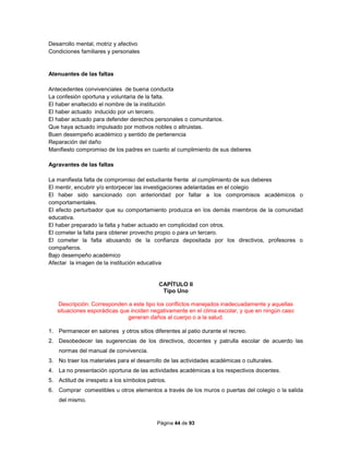 Página 44 de 93
Desarrollo mental, motriz y afectivo
Condiciones familiares y personales
Atenuantes de las faltas
Antecedentes convivenciales de buena conducta
La confesión oportuna y voluntaria de la falta.
El haber enaltecido el nombre de la institución
El haber actuado inducido por un tercero.
El haber actuado para defender derechos personales o comunitarios.
Que haya actuado impulsado por motivos nobles o altruistas.
Buen desempeño académico y sentido de pertenencia
Reparación del daño
Manifiesto compromiso de los padres en cuanto al cumplimiento de sus deberes
Agravantes de las faltas
La manifiesta falta de compromiso del estudiante frente al cumplimiento de sus deberes
El mentir, encubrir y/o entorpecer las investigaciones adelantadas en el colegio
El haber sido sancionado con anterioridad por faltar a los compromisos académicos o
comportamentales.
El efecto perturbador que su comportamiento produzca en los demás miembros de la comunidad
educativa.
El haber preparado la falta y haber actuado en complicidad con otros.
El cometer la falta para obtener provecho propio o para un tercero.
El cometer la falta abusando de la confianza depositada por los directivos, profesores o
compañeros.
Bajo desempeño académico
Afectar la imagen de la institución educativa
CAPÍTULO II
Tipo Uno
Descripción: Corresponden a este tipo los conflictos manejados inadecuadamente y aquellas
situaciones esporádicas que inciden negativamente en el clima escolar, y que en ningún caso
generan daños al cuerpo o a la salud.
1. Permanecer en salones y otros sitios diferentes al patio durante el recreo.
2. Desobedecer las sugerencias de los directivos, docentes y patrulla escolar de acuerdo las
normas del manual de convivencia.
3. No traer los materiales para el desarrollo de las actividades académicas o culturales.
4. La no presentación oportuna de las actividades académicas a los respectivos docentes.
5. Actitud de irrespeto a los símbolos patrios.
6. Comprar comestibles u otros elementos a través de los muros o puertas del colegio o la salida
del mismo.
 