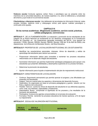 Página 53 de 93
Violencia escolar. Conducta agresiva verbal, física o psicológica que se presenta entre los
miembros de la comunidad educativa, de manera explícita o no, ante la indiferencia y complicidad
del entorno y que incide en la convivencia escolar.
Ciberbullying o ciberacoso escolar. Uso deliberado de tecnologías de información (Internet, redes
sociales virtuales, telefonía móvil y videojuegos online) para ejercer maltrato psicológico y
continuado entre iguales.
CAPÍTULO VI
De las normas académicas (Reglamento académico, servicio social, prácticas,
salidas pedagógicas, convivencias)
ARTÍCULO 1º. DE LA FUNDAMENTACIÓN: La evaluación y promoción de los estudiantes de los
colegios de la Policía Nacional se fundamenta en los derechos consagrados en la Constitución
Política de Colombia, en los lineamientos generales emanados del M.E.N., (Ley general de
educación 115/94), Decreto 1850/94, Decreto 1860/94, Decreto 1290 del 16 de Abril de 2009) y las
disposiciones de la Dirección de Bienestar Social y del Área Educativa.
ARTÍCULO 2º: PROPÓSITOS DE LA EVALUACIÓN INSTITUCIONAL DE LOS ESTUDIANTES
• Identificar las características personales, intereses, ritmos de desarrollo y estilos de
aprendizaje del estudiante para valorar sus avances.
• Proporcionar información básica para consolidar o reorientar los procesos educativos
relacionados con el desarrollo integral del estudiante.
• Suministrar información que permita implementar estrategias pedagógicas para apoyar a los
estudiantes que presenten debilidades y desempeños superiores en su proceso formativo.
• Determinar la promoción de estudiantes.
• Aportar información para el ajuste e implementación del plan de mejoramiento institucional.
ARTÍCULO 3º. CARACTERISTICAS DE LA EVALUACION.
• Continua: Seguimiento permanente que permite apreciar el progreso y las dificultades que
presenten los estudiantes
• Integral: Tiene en cuenta todos los aspectos o dimensiones del desarrollo Humano.
• Sistemática: Es organizada con base en principios pedagógicos y guarda relación con los
fines y objetivos de la educación
• Flexible: Tiene en cuenta los ritmos de desarrollo del estudiante en sus diferentes aspectos,
como: ente, sus intereses, capacidades y limitaciones.
• Interpretativa: Busca comprender el significado de los procesos y los resultados de la
formación del estudiante.
• Participativa: Involucra los agentes comprometidos en el proceso de evaluación.
• Formativa: Permite reorientar los procesos educativos de manera oportuna, a fin de lograr
su mejoramiento
ARTÍCULO 4º. ESCALA DE VALORACIÓN INSTITUCIONAL
ESCALA
NACIONAL
ESCALA
INSTITUCIONAL
DEFINICIÓN
 