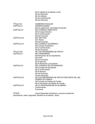 Página 6 de 93
De la calidad de acudiente o tutor
De los Derechos
De los deberes
De las prohibiciones
De los estímulos
TÍTULO VII GOBIERNO ESCOLAR
CAPÍTULO I GENERALIDADES
De los organismos del Gobierno Escolar
CAPÍTULO II DEL CONSEJO DIRECTIVO
Del Consejo Directivo
De la conformación
De las funciones
CAPÍTULO III DEL RECTOR
Del Rector
De las funciones
CAPÍTULO IV DEL CONSEJO ACADÉMICO
Del Consejo Académico
De la Conformación
De las funciones
TÍTULO VIII DE LOS ORGANISMOS DE APOYO
CAPÍTULO I DEL PERSONERO
Del Personero de los estudiantes
Del Perfil
De las funciones
De la elección
De la Remoción y revocatoria
CAPITULO II DEL CONSEJO DE ESTUDIANTES
Del Consejo de estudiantes
De la conformación
De la elección
De las funciones
Vocero del grado
CAPÍTULO III DE LOS ORGANISMOS DE APOYO POR PARTE DE LOS
PADRES DE FAMILIA
Del Consejo de Padres de Familia
De la Asociación de Padres de Familia
CAPÍTULO IV DE LA ASOCIACIÓN DE EX ALUMNOS
Conformación
Funciones
OTROS Casos Especiales (embarazo, consumo sustancias
psicoactivas, salud, seguridad, estudios en el exterior, otros).
 