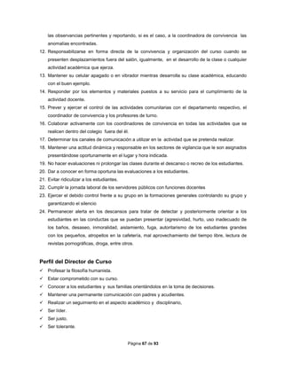 Página 67 de 93
las observancias pertinentes y reportando, si es el caso, a la coordinadora de convivencia las
anomalías encontradas.
12. Responsabilizarse en forma directa de la convivencia y organización del curso cuando se
presenten desplazamientos fuera del salón, igualmente, en el desarrollo de la clase o cualquier
actividad académica que ejerza.
13. Mantener su celular apagado o en vibrador mientras desarrolla su clase académica, educando
con el buen ejemplo.
14. Responder por los elementos y materiales puestos a su servicio para el cumplimiento de la
actividad docente.
15. Prever y ejercer el control de las actividades comunitarias con el departamento respectivo, el
coordinador de convivencia y los profesores de turno.
16. Colaborar activamente con los coordinadores de convivencia en todas las actividades que se
realicen dentro del colegio fuera del él.
17. Determinar los canales de comunicación a utilizar en la actividad que se pretenda realizar.
18. Mantener una actitud dinámica y responsable en los sectores de vigilancia que le son asignados
presentándose oportunamente en el lugar y hora indicada.
19. No hacer evaluaciones ni prolongar las clases durante el descanso o recreo de los estudiantes.
20. Dar a conocer en forma oportuna las evaluaciones a los estudiantes.
21. Evitar ridiculizar a los estudiantes.
22. Cumplir la jornada laboral de los servidores públicos con funciones docentes
23. Ejercer el debido control frente a su grupo en la formaciones generales controlando su grupo y
garantizando el silencio
24. Permanecer alerta en los descansos para tratar de detectar y posteriormente orientar a los
estudiantes en las conductas que se puedan presentar (agresividad, hurto, uso inadecuado de
los baños, desaseo, inmoralidad, aislamiento, fuga, autoritarismo de los estudiantes grandes
con los pequeños, atropellos en la cafetería, mal aprovechamiento del tiempo libre, lectura de
revistas pornográficas, droga, entre otros.
Perfil del Director de Curso
 Profesar la filosofía humanista.
 Estar comprometido con su curso.
 Conocer a los estudiantes y sus familias orientándolos en la toma de decisiones.
 Mantener una permanente comunicación con padres y acudientes.
 Realizar un seguimiento en el aspecto académico y disciplinario,
 Ser líder.
 Ser justo.
 Ser tolerante.
 