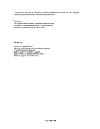 Página 89 de 93
Conformación: Reunión de los egresado del año anterior para nombrar una junta directiva
compuesta por un presidente, vicepresidente y secretario.
Funciones
Participar en las actividades escolares que se les invite
Nombrara un representante para el Consejo Directivo.
Informar al Colegio sus datos actualizados
Proyecto:
Equipo de trabajo AREDU
Rectora SUBT ANDREA YADIRA- ARIAS- RAMÍREZ
IT. ANIBAL BADEL - ELBOR
ORD. SANDRA NARANJO- COLSA
TSE-SANDRA B. CAMELO NUSEFA BTA
Aportes Colegios Policía Nacional.
 
