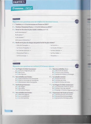 PARTIE 1
D comme... DELF
mmimmmmimimmmmimmimmmmmiminmmimmmmiimmiimmmtmmwmmmimnmmmmwmimmimmmimiimummnmim
WHJ'IH'FI
Répondez aux questions avec les chiffres du document sonore.
1 • Combien y a-t-il eu de touristes en France en 2010?
2 • Combien Disneyland Paris a-t-il eu de visiteurs en 2010 ?
3 • Parmi les dix sites les plus visités, combien y a-t-il:
a. de monuments ?
b. de palais ?
c. de musées ?
d. de parcs d'attraction ?
4 • Quelle est la place de chaque site parmi les dix les plus visités ?
- L'Arc de Triomphe -» - Le Louvre -»
- Le Centre Pompidou -».......,„ - Le musée d'Orsay -*
- La Cité des sciences -*... - Le Parc Astérix -»
- Disneyland Paris -» - La Tour Eiffel -*
- Le Futuroscope -» - Versailles -»
.Répondez aux questions en cochant (X) la bonne réponse.
1 • Les Vergers de Gally fournissent :
a. 3 5 fruits et légumes par jour
b. 3 des fruits
c. 3 des légumes
2 • Les corbeilles sont livrées :
a. • chez le directeur de l'entreprise
b. • chez le concierge de l'entreprise
c. • directement dans l'entreprise
3 • Les fruits proviennent :
a. • de vergers
b. • des halles
c. 3 de toute la France
4 • Les corbeilles sont livrées :
a. J dans des cageots
b. 3 sur un présentoir
c. • sur des assiettes
5 • Dans les corbeilles, il y a :
a. _j des fruits de saison
b. 3 toujours des pommes
c. • jamais de fraises ni d'oranges
6 • La corbeille contient :
a. • 8 kilos de fruits
b. • 12 kilos de fruits
c. 3 de 8 à 12 kilos de fruits
7 • Les Vergers de Gally soutiennent :
a. 3 la recherche contre le cancer
b. 3 le bien-être des salariés
c. 3 le projet « 5 fruits et légumes par jour
8 • Consommer des fruits au bureau :
a. 3 permet plus de convivialité
b. • permet plus de bavardages
c. 3 permet plus de temps perdu
12
 