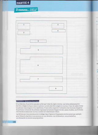 PARTIE 4
D comme... DELF
inmnniiiiwiiiiiiiiiiiiiiiiiiniiiiiiiiiiniiuwiiiiwiiwimiiiitwiiiwinittiiiiwiiiiuiwiiiiiiiiiimiiiim^
ACTIVITE 2 : Rédaction d'une lettre
Si la rédaction d'une lettre amicale ne fait pas l'objet de règles strictes, une lettre administrative
doit être rédigée de façon claire et précise. Le style doit être soigné et courtois. Il faut de même éviter
les phrases trop longues et les répétitions. Il faut enfin respecter l'utilisation des formules d'appel et
de politesse, la formule de politesse reprenant la formule d'appel. En fait, assez rituelles, ces formules
sont faciles à mémoriser car leur nombre est relativement réduit.
Les lettres que vous pourrez avoir à rédiger dans l'épreuve d'expression écrite auront par exemple
pour thème la réaction à une annonce ou une décision, une réclamation, une protestation,
une demande ou encore une proposition.
138
 