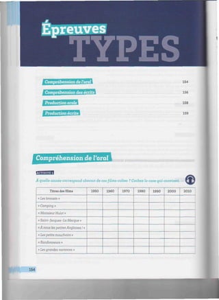 Compréhension de l'oral
i¿¿ii¿¿I¿
Production orale
Production écrite
154
156
158
159
omprehension 'iiiiiiiiiiiiiiiiiiiiiiiiiiiiiiiiiiiiiiiiiiiiiiiiiiiiiiiiiiiiiiiiiiiiiiiiiiiiiiHiiiiiii
À quelle année correspond chacun de cesfilmscultes ? Cochez la case qui convient.
Titres des films
« Les bronzés »
« Camping »
« Monsieur Hulot »
« Saint-Jacques-La Mecque »
«À nous les petites Anglaises ! »
« Lespetits mouchoirs »
«flandonneurs»
« Les grandes vacances »
1950 1960 1970 1980 1990 2000 2010
154
 