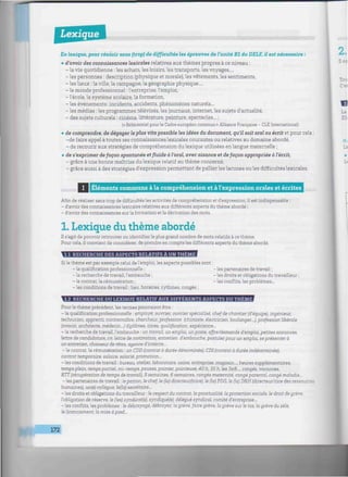 Lexique iiiiiiiiiiiiiiiiiiiiiiiiiiiiiiiiiiiiiiiiiiiiiiiiiiiiiiiiiiiiiiiiiiiiiiiiiiiiiiiiiiiiiiiiiiiiiiiiiiiiiiiiiiiiiiiiiiiiiiiiiiiiiiiiiiiiiiiiiii
En lexique, pour réussir sans (trop) de difficultés les épreuves de l'unité Bl du DELF, il est nécessaire :
• d'avoir des connaissances lexicales relatives aux thèmes propres à ce niveau :
- la vie quotidienne : les achats, les loisirs, les transports, les voyages...,
- les personnes : description (physique et morale), les vêtements, les sentiments,
- les lieux : la ville, la campagne, la géographie physique...,
- le monde professionnel : l'entreprise, l'emploi,
- l'école, le système scolaire, la formation,
- les événements: incidents, accidents, phénomènes naturels...
- les médias : les programmes télévisés, les journaux, internet, les sujets d'actualité,
- des sujets culturels : cinéma, littérature, peinture, spectacles... ;
(« Référentiel pour le Cadre européen commun » Alliance Française - CLE International)
• de comprendre, de dégager le plus vite possible les idées du document, qu'il soit oral ou écrit et pour cela :
-de faire appel à toutes ses connaissances lexicales courantes ou relatives au domaine abordé,
- de recourir aux stratégies de compréhension du lexique utilisées en langue maternelle ;
• de s'exprimer de façon spontanée et fluide à l'oral, avec aisance et de façon appropriée à l'écrit,
- grâce à une bonne maîtrise du lexique relatif au thème concerné,
- grâce aussi à des stratégies d'expression permettant de pallier les lacunes ou les difficultés lexicales.
2.
H ex
immmtmh
I Éléments communs à la compréhension et à l'expression orales et écrites
Afin de réaliser sans trop de difficultés les activités de compréhension et d'expression, il est indispensable :
- d'avoir des connaissances lexicales relatives aux différents aspects du thème abordé ;
- d'avoir des connaissances sur la formation et la dérivation des mots.
1. Lexique du thème abordé
Il s'agit de pouvoir retrouver ou identifier le plus grand nombre de mots relatifs à ce thème.
Pour cela, il convient de considérer, de prendre en compte les différents aspects du thème abordé.
1.1 RECHERCHE DES ASPECTS RELATIFS A UN THEME
Si le thème est par exemple celui de l'emploi, les aspects possibles sont :
- la qualification professionnelle ; - les partenaires de travail ;
- la recherche de travail, l'embauche ; - les droits et obligations du travailleur ;
- le contrat, la rémunération ; - les conflits, les problèmes...
- les conditions de travail : lieu, horaires, rythmes, congés ;
1.2 RECHERCHE DU LEXIQUE RELATIF AUX DIFFERENTS ASPECTS DU THEME
Pour le thème précédent, les termes pourraient être :
- la qualification professionnelle : employé, ouvrier, ouvrier spécialisé, chef de chantier (d'équipe), ingénieur,
technicien, apprenti, contremaître, chercheur, profession (chimiste, électricien, boulanger...), profession libérale
(avocat, architecte, médecin...) diplômes, titres, qualification, expérience...
- la recherche de travail, l'embauche : un travail, un emploi, un poste, offre/demande d'emploi, petites annonces,
lettre de candidature, cv, lettre de motivation, entretien d'embauché, postuler pour un emploi, se présenter à
un entretien, chasseur de têtes, agence d'intérim...
- le contrat, la rémunération : un CDD (contrat à durée déterminée), CD1 (contrat à durée indéterminée),
contrat temporaire, salaire, salarié, promotion...
- les conditions de travail : bureau, atelier, laboratoire, usine, entreprise, magasin..., heures supplémentaires,
temps plein, temps partiel, mi-temps, pauses, pointer, pointeuse, 40 h, 35 h, les 3x8..., congés, vacances,
RTT (récupération de temps de travail), 5 semaines, 6 semaines, congés maternité, congé parental, congé maladie...
- les partenaires de travail : le patron, le chef, le (la) directeur(trice), le (la) PDG, le (la) DRH (directeur/rice des ressources
humaines), un(e) collègue, le(la) secrétaire...
- les droits et obligations du travailleur : le respect du contrat, la ponctualité, la protection sociale, le droit de grève,
l'obligation de réserve, le (les) syndicat(s), syndiqué(e), délégué syndical, comité d'entreprise...
- les conflits, les problèmes : le débrayage, débrayer, la grève, faire grève, la grève sur le tas, la grève du zèle,
le licenciement, la mise à pied...
172
 