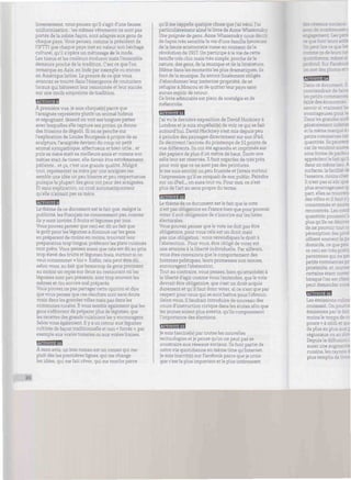 Inversement, vous pensez qu'il s'agit d'une fausse
uniformisation : les mêmes vêtements ne sont pas
portés de la même façon, sont adaptés aux gens de
chaque pays. Vous pensez, comme le président de
VIFTTI que chaque pays met en valeur son héritage
culturel, qu'il s'opère un métissage de la mode.
Les tissus et les couleurs évoluent mais l'ensemble
demeure proche de la tradition. C'est ce que l'on
remarque enAsie, en Inde par exemple ou encore
en Amérique latine. La preuve de ce que vous
avancez se trouve dans l'émergence de couturiers
locaux qui bâtissent leur renommée et leur succès
sur une mode empreinte de tradition.
FiVm'IHfl
À première vue, je suis choqué(e) parce que
l'araignée représente plutôt un animal hideux
et répugnant. Quand on voit ses longues pattes
avec lesquelles elle capture ses proies, ça donne
des frissons de dégoût. Si on se penche sur
l'explication de Louise Bourgeois à propos de sa
sculpture, l'araignée devient du coup un petit
animal sympathique, affectueux et bien utile... et
puis sa mère était sa meilleure amie et comme son
métier était de tisser, elle devait être extrêmement
patiente... et ça, c'est une grande qualité. Malgré
tout, représenter sa mère par une araignée me
semble une idée un peu bizarre et peu respectueuse
puisque la plupart des gens ont peur des araignées.
Et sans explication, on croit automatiquement
qu'elle n'aimait pas sa mère.
ftWWH'H
Le thème de ce document est le fait que, malgré la
publicité, les Français ne consomment pas, comme
ils y sont invités, 5 fruits et légumes par jour.
Vous pouvez penser que ceci est dû au fait que
le goût pour les légumes a diminué car les gens
en préparent de moins en moins, trouvant leur
préparation trop longue, préférant les plats cuisinés
tout prêts. Vous pensez aussi que cela est dû au prix
trop élevé des fruits et légumes frais, surtout si on
veut consommer « bio ». Enfin, cela peut être dû,
selon vous, au fait que beaucoup de gens prennent
au moins un repas sur deux au restaurant où les
légumes sont peu présents, sont trop souvent les
mêmes et /ou encore mal préparés.
Vous pouvez ne pas partager cette opinion et dire
que vous pensez que ces résultats sont sans doute
vrais dans les grandes villes mais pas dans les
communes rurales. Il vous semble également que les
gens s'efforcent de préparer plus de légumes, que
les recettes des grands cuisiniers les y encouragent.
Selon vous également, il y a un retour aux légumes
cultivés de façon traditionnelle et non « forcés », par
exemple aux vraies tomates ou aux vraies fraises.
M«fMiH4M
À mon avis, un bon roman est un roman qui me
plaît dès les premières lignes, qui me change
les idées, qui me fait rêver, qui me touche parce
qu'il me rappelle quelque chose que j'ai vécu. J'ai
particulièrement aimé le livre de Anne Wiazerr:
Une poignée de gens. Anne Wiazemsky nous décrit
de façon très sensible la vie d'une famille heureuse
de la haute aristocratie russe au moment de la
révolution de 1917. On participe à la vie de cette
famille très chic mais très simple, proche de la
nature, des gens, de la musique et de la littérature.
Même dans les moments les plus dramatiques, ils
font de la musique. Us seront finalement obligés
d'abandonner leur immense propriété, de se
réfugier à Moscou et de quitter leur pays sans
aucun espoir de retour.
Ce livre admirable est plein de nostalgie et de
mélancolie.
J'ai vu la dernière exposition de David Hockney à
Londres et je suis stupéfait(e) de voir ce qui se fait
aujourd'hui. David Hockney s'est mis depuis peu
à peindre des paysages directement sur son iPad.
Us décrivent l'arrivée du printemps de 51 points de
vue différents. Ils ont été agrandis et imprimés sur
des papiers de plus d'un mètre de haut. Toute une
salle leur est réservée. H faut regarder de très près
pour voir que ce ne sont pas des peintures.
Je me suis senti(e) un peu frustrée et j'avais surtout
l'impression qu'il se moquait de son public. Peindre
sur un iPad..., on aura tout vu. Pour moi, ce n'est
plus de l'art au sens propre du terme.
fjVW'IHtrf
Le thème de ce document est le fait que le vote
n'est pas obligatoire en France bien que pour pouvoir
voter il soit obligatoire de s'inscrire sur les listes
électorales.
Vous pouvez penser que le vote ne doit pas être
obligatoire, pour vous cela est un droit mais
pas une obligation : vous revendiquez le droit à
l'abstention. Pour vous, être obligé de voter est
une atteinte à laliberté individuelle. Par ailleurs,
vous êtes convaincu que le comportement des
hommes politiques, leurs promesses non tenues,
encouragent l'abstention.
Tout au contraire, vous pensez, bien qu'attaché(e) à
la liberté d'agir comme vous l'entendez, que le vote
devrait être obligatoire, que c'est un droit acquis
durement et qu'il faut donc voter, si ce n'est que par
respect pour ceux qui se sont battus pour l'obtenir.
Selon vous, il faudrait introduire de nouveau des
cours d'instruction civique dans les écoles afin que
les jeunes soient plus avertis, qu'ils comprennent
l'importance des élections.
M«HWH4H
Je suis fasciné(e) par toutes les nouvelles
technologies et je pense qu'on ne peut pas se
soustraire aux réseaux sociaux. Ils font partie de
notre vie quotidienne au même titre qu'Internet.
Je suis inscrit(e) sur Facebook parce que je crois
que c'est le plus important et le plus intéressant
=-.-•=: :e nrmirerses :
; - ; -.rerr.er.: _r: : s:s
: :.--- :?. i-. -. .:: r :
:_:::¿-.=r.r.= rr.érr.; ;
on met de;-
",.t i..-»H
conv.
les petits comme rcea
faire des ecrn : n e ;
savoir si vrairr.-
avantageuses pour le
Dans les grande :
généralement inférai
et la même mar :
petits commer; -.
quantités. Ils peuvent
car ils vendent souve
sous forme de packs «
apprécient le (ai
dans un même". .
surfaces, la fac:
l'essence, moins cher
Il n'est pas si sûr que
plus avantageuses qt
part, elles se trouven
des villes et il : a
consommée e: s
rencontrés. Les cond
quantités pous:
plus qu'ils ne r
de ne pouvoir -,
péremption des prod
offrent souvent la po
domicile, ce que peu
or ceci est très
personnes qui ne pa
petits comme:
proximité, et, souver
certains étant ouver
lorsque l'on es:
peut demande:
M«m'm=tl3
Les émissions
croissant. On pourra
émissions par
moins le temps de et
pouce » à midi
de plus en plus aux j
régionaux ou ai
Depuis la diffu
aussi une augmenta'
cuisine, les rayons d
plus remplis de livre
20
 