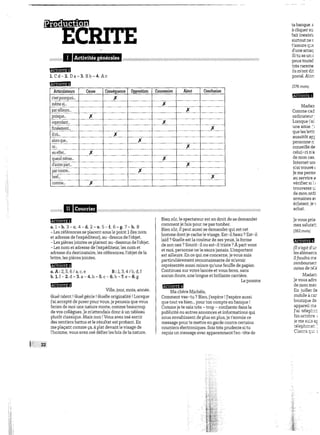ECRITE
<//////////<
I Activités générales !
i!lillll!lilillllilllllHIIIIIWili:iilllili!lililll!.
l . C d - 2 . D a - 3 . B b - 4 . Ac
hMiMUM
Articulateurs
c'est pourquoi...
même si...
par ailleurs...
puisque...
cependant...
finalement...
d'où...
alors que...
or-
en effet...
quand même...
d'autre part...
par contre-
bref...
comme-
Cause
X
X
X
Conséquence
X
X
Opposition
1" X
X
Concession
X
X
X
Ajout
X
X
X
Conclusion
X
X
22
II Courrier
a. 1 - b. 3 - c. 4 - d. 2 - e. 5 - f. 6 - g. 7 - h. 8
- Les références se placent sous le point 1 (les nom
et adresse de l'expéditeur), au-dessus de l'objet.
- Les pièces jointes se placent au-dessous de l'objet.
- Les nom et adresse de l'expéditeur, les nom et
adresse du destinataire, les références, l'objet de la
lettre, les pièces jointes.
B:l,3,4/b,d,f
- 6 . b - 7 . e - 8 . g
a. A : 2, 5, 6 / a, c, e
b. 1. f - 2. d - 3. a - 4. h - 5. c
Ville, jour, mois, année.
Quel talent ! Quel génie ! Quelle originalité ! Lorsque
j'ai accepté de poser pour vous, je pensais que vous
feriez de moi une nature morte, comme beaucoup
de vos collègues. Je m'attendais donc à un tableau
plutôt classique. Mais non ! Vous avez osé sortir
des sentiers battus et le résultat est probant. En
me plaçant comme ça, à plat devant le visage de
l'homme, vous avez osé défier les lois de la nature.
Bien sûr, le spectateur est en droit de se demander
comment je fais pour ne pas tomber.
Bien sûr, il peut aussi se demander qui est cet
homme dont je cache le visage. Est-il beau ? Est-il
laid ? Quelle est la couleur de ses yeux, la forme
de son nez ? Sourit-il ou est-il triste ? À part vous
et moi, personne ne le saura jamais. L'important
est ailleurs. En ce qui me concerne, je vous suis
particulièrement reconnaissante de m'avoir
représentée aussi mince qu'une feuille de papier.
Continuez sur votre lancée et vous ferez, sans
aucun doute, une longue et brillante carrière.
La pomme
Q33E&3X)
Ma chère Michèle,
Comment vas-tu ? Bien, j'espère ! J'espère aussi
que tout va bien... pour ton compte en banque !
Comme je te sais très - trop - confiante dans la
publicité ou autres annonces et informations qui
nous envahissent de plus en plus, je t'envoie ce
message pour te mettre en garde contre certains
courriers électroniques. Sois très prudente si tu
reçois un message avec apparemment l'en-tête de
(162 mots)
ffff
 