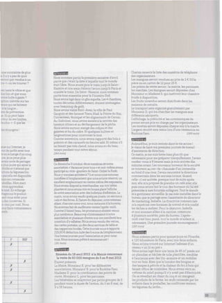 . ntrainte de plus
¡s il n'y a pas de quoi
seront pas vendus àun
Ta-t-on les trouver ?
sté le vôtre et que
: in et que vous
ooîteàgants?
:r*:rr. inscrite sur les
aeurs qui ne boivent
.gue...
prévention
i peut faire
. ie ses limites,
-'a-t-ilqueles
rangers !
urue surInternet, je
ouide jardin avectout
is enéchange d'un coup
-; ne peuxplus
ravie de partager
e plus jeune qui aimela
i et n'attendque
ie légumesbio
i parcelleest disponible
ronsacrée
abeilles. Mon mari
reprendrai
e miel Enéchange
: ans le produit
¡entvous aiderpour
udesconserves. Si
z-moi parmail Nous
ire connaissance
F
X
X
X
X
NSP
X
*
Nous sommes partis la première semaine d'avril
parce que c'étaitladate àlaquelle toutle monde
était libre. Nous avons pris le train jusqu'à Saint-
Nazaire et nos amis italiens l'avion jusqu'à Paris et
ensuitele train. De Saint-Nazaire, nous sommes
partis tous ensemble pour le Finistère Sud.
Nousavonslogé dans un gîte superbe. Les 4 chambres,
toutes décorées différemment, étaient aménagées
avec beaucoup de goût.
Nous avons visité Pont-Aven, la ville de Paul
Gauguin et des fameux Traou Mad, la Pointe du Raz,
Concarneau, Quimper et les alignements de Carnac.
Au Guilvinec, nous avons assisté à la rentrée des
bateaux côtiers et au déchargement de la pêche.
Nous avons surtout mangé des crêpes et des
galettes et bu du cidre. Et quelques huîtres et
langoustines pour couronner le tout.
Comme souvenirs, nous avons rapporté des bols à
prénom et des caramels au beurre salé. Et même s'il
ne faisait pastrès chaud, nous avons eu du beau
tempspendant tout notre séjour.
{164mots)
Ce dimanche 9octobre, deux membres de notre
association«Vacances pourtous » etmoi-même avons
participéauvide-greniersdeSaint-Didierla Forêt.
Nousy sommesarrivées à7h etnousnoussommes
installéesàl'emplacement que nousavions réservé, un
excellent emplacementau centre même des exposants.
Nousavonsdisposélamarchandise surnos tables
plianteset nous avons misen bonne placel'affiche
de notreassociationavec desbulletins d'adhésion. Le
matin,nous avonsvendu quelquesjouets, unserviceà
café et deslivres.Àl'heure dudéjeuner, nous sommes
allées, chacune notre tour, nous restaurer àla buvette.
Nous avons faitde meilleuresventesl'après-midi.
Comme ilfaisait beau, lespromeneurs étaient venus
plus nombreux. Beaucoups'intéressaientà notre
associationetplusieursd'entreeuxontmanifestéleur
intention d'yadhérer. Nous avons vendu des verres,
des cartes postales, un des deuxservices de tableet
des napperonsbrodés. Cettejournéenousarapporté
225,50 € déduction faite des 6 euros del'emplacement.
Unebonnejournéepourl'associationetpournous
trois. Nous sommesprêtes à recommencer !
fiai mots;
H332HSH
Réunion du 18 avril 2012 à la Mairie concernant
la vente de 50 000 mangues du 5 au 8 mai 2012
Étaient présents
Le Maire, Monsieur K. pour les différentes
associations, Monsieur B. pour le Burkina Faso,
Madame D. pour la coordination des points de
vente, Monsieur L. pour les paroisses.
bénévoles se relayeront par petits groupes de 5
pendant toutela durée de l'action, du 5 au 8 mai, de
9 à 18heures.
Chacun recevra la liste des numéros de téléphone
des organisateurs.
Les mangues serontvendues au prixde 2 € 50la
pièce ou en carton de 12 pour 25 €.
Les points de vente seront : la mairie, les paroisses,
les marchés. Les mangues seront déposées chez
Monsieur et Madame S. qui mettront leur chambre
froide à disposition.
Les fruits invendus seront distribués dans les
maisons de retraite.
Le transport sera organisé gratuitement par
Monsieur D. qui ira chercher les mangues aux
différents aéroports.
L'affichage, la publicité et les communiqués de
presse seront pris en charge par les organisateurs.
Les recettesserontdéposées chaquesoiràlamairie.
L'argent récolté sera remis lors d'une cérémonie au
Burkina Faso.
Aujourd'hui, je suis rentrée dans la vie active !
Je viens de faire ma première journée de travail
d'assistante de direction.
Ce matin, je me suis levée bien plus tôt que
nécessaire pour me préparer tranquillement. J'avais
rendez-vous à 9 heures mais je suis arrivée dix
minutes avant. Les nouveaux bureaux de la société
se trouvent au rez-de-chaussée d'unimmeuble
aufond d'une cour. J'avais rencontréla directrice
commerciale dans les anciens locaux. Quand
celle-ci est arrivée, presque tout de suite après
moi, elle m'a proposé de prendre un café avec elle
puis nous avons fait le tour des bureaux où j'ai été
présentée à mes futur(e)s collègues. Tout le monde
m'a gentiment accueillie. Je me suis installée dans le
bureau que je partage avec l'assistante du directeur
de marketing. Isabelle. La directrice commerciale
m'a reprécisé mes horaires de travail et m'a confié
les tâches à réaliser. Pour le déjeuner, Isabelle
et moi sommes allées à la cantine, commune
à plusieurs sociétés, près du bureau. L'après-
midi s'estbien passé, toutle monde m'aidant si
nécessaire. Une première journée encourageante !
(180mots)
Nous sommes partis pour quinze jours en Picardie,
à 120kilomètres de Paris, avec nos deux enfants.
Nous avions trouvé sur Internet l'adresse d'un
réseau « un lit au pré ».
Nous avons logé dans une tente de 45 m2
posée sur
un plancher et bâchée de toile plastifiée, meublée
à l'ancienne avec deslits-armoire et un mobilier
tout en bois. Rien que lalumière des bougies et
deslampes à pétrole etla chaleur dufeu à bois qui
faisait office de cuisinière. Nous avons vécu au
rythme du soleil puisqu'il n'y avait pas d'électricité.
On se réveillait au chant du coq et on mangeait
les produits de la ferme, les œufs ramassés parles
enfants dans le poulailler, les confitures maison,
leslégumes du jardin...
25
 