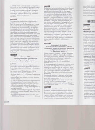 À perte de vue, la nature intacte et aucun poteau
électrique qui ne la défigure. Personne n'a réclamé
ni télévision ni infos du monde. C'était comme si
le temps s'était arrêté à l'entrée de la ferme pour
nous offrir un havre de paix, loin, très loin de la
civilisation. Simplicité, authenticité, le bonheur
est dans le pré, tout simplement.
(185 motsj
Comme tous les ans, les ponts de mai sont mis à
profit pour nettoyer la plage. Jeudi dernier, j'ai
réuni ma petite équipe contactée par SMS. Comme
moi, ce sont tous des étudiants qui militent pour
la protection de l'environnement. C'est presque la
même équipe depuis quatre ans... J'ai distribué les
équipements fournis parla Mairie : des bottes de
caoutchouc, un ciré, un chapeau, des gants, une
pelle et des sacs poubelle. À huit heures, nous étions
prêts et nous nous sommes répartis sur la plage.
Nous avons ramassé tous les détritus, en séparant
tout ce qui peut être recyclé du reste. L'un de nous a
rassemblé tout le bois flotté que nous avons trouvé :
après l'hiver, il y en a beaucoup. Nous le donnons
toujours au centre aéré de la plage : les animateurs
s'en servent pour faire faire des objets aux enfants.
Le nettoyage fini, nous avons chargé les sacs sur un
camion et nous nous sommes donné rendez-vous
le lendemain à la même heure. Dans deux jours, la
plage sera prête à accueillir les touristes !
(180 mots)
Réunion du 2 février 2012 concernant
l'édition d'un nouveau manuel scolaire
pour l'apprentissage de la lecture
La réunion a eu lieu dans les locaux de la maison
d'édition.
Etaient présents : La directrice de publication,
le directeur du marketing, le directeur commercial,
les trois auteurs potentiels, l'éditrice et l'assistante
d'édition.
Les auteurs seront Thérèse Guérard, Colette
Beauvoir et Pierre-Antoine de Mehaigne.
Le format sera de 19,5 X 27,5 cm avec un maximum
de 160 pages.
Le manuel sera en 4 couleurs et illustré de photos
encore à définir.
Les auteurs peuvent en fournir s'ils le désirent, mais
devront mentionner leur provenance. Il en sera
de même pour d'éventuels documents. La maison
d'édition s'occupera de la demande des droits.
Un livret pédagogique à l'usage des enseignants se
vendra séparément.
La date de parution est prévue pour le 30 juin 2012.
Le manuscrit complet devra être remis au plus tard
le 2 mai 2012.
La prochaine réunion se tiendra le 15 mars 2012
à 14 h 30 chez l'éditeur. (163 mots)
f¡mvm4A
Étudiante en lettres, je me destine à être prof et
de lettres classiques dans un collège ou un lycée...
quand j'aurai obtenu mon CAPES. Une de mes
amies m'a parlé il y a quelque temps du Genepi et
cela m'a paru si intéressant que j'ai décidé de m'y
inscrire. Deux raisons principales m'ont poussée
aie faire. D'une part, il me semble possible d'aider
à la réinsertion des personnes incarcérées en leur
permettant d'améliorer leurs connaissances, en
leur donnant une formation. D'autre part, cela peut
être pour moi un bon entraînement à ma future
profession. C'est pourquoi je me rends deux fois
par semaine à la prison où, selon les jours et les
prisonniers intéressés, je peux animer un atelier
d'écriture ou d'alphabétisation, ou encore de
préparation à divers examens tels que le brevet ou
le baccalauréat. Les premières fois, je ne me sentais
pas à l'aise mais maintenant, quand je travaille
avec eux. j'oublie qui ils sont. Ce sont des moments
très riches et mon travail me plaît. J'aimerais bien
animer un atelier de théâtre ou de poésie...
(178 mots)
ftWWH4n
Réunion du 29 février 2012
dans le bureau de la Conservatrice du Musée
concernant le projet d'une exposition de peintures
et de gravures sur le thème de
« La guerre des paysans ».
Étaient présents : Monsieur K., artiste, Madame M.,
Conservatrice du Musée, Madame D., conseillère
municipale, Monsieur S., Président de l'association
« Les amis du musée », Monsieur B., auteur de
l'ouvrage « La guerre des Paysans ».
Dates de l'exposition : du 21 octobre 2012 au
5 janvier 2013.
Le vernissage aura lieu le dimanche 21 octobre 2012
à 11 heures dans la grande salle du château. La
présentation de l'exposition par Monsieur K. sera
suivie d'une conférence d'une demi-heure environ.
Une cinquantaine d'œuvres seront exposées.
Des visites pédagogiques seront présentées aux
enseignants.
Monsieur K. dessinera la maquette de l'affiche et
du carton d'invitation. Le montant du budget ne
pourra pas dépasser 1900 €.
Les communiqués de presse seront envoyés par
la mairie 15 jours avant le vernissage.
La prochaine réunion est prévue le jeudi 10 mai
2012 à 14 h 30 au musée. (175 mots)
Je fais partie du club de football amateur de ma
petite ville. Nous sommes les deuxièmes de notre
groupe mais nous ne sommes pas riches et nous
voudrions changer nos tenues. Nous avons déjà
organisé un bal et une loterie qui nous ont permis
de récolter plus des trois quarts de la somme. Pour
compléter celle-ci, nous avons eu l'idée, le 1" mai
: Dchant. de vend
. s avons demand
5 l'a tout de
:ette année
- mble dans
avons trouvé du bea
: serait pa: Í
IV Artic'
Wtt'iW4J
1 a - 2. b - 3. fc
La galanterie : un n
Àl'heure du férninis
En cette journr
quelques passe:
« La galanterie
galant l'est contrau*
en payant le re
aide la femme à met
portière de la v
passe devant elle pc
public, lui remplit si
demande, lui propoi
Qu'est-ce qu'un bot
Selon la déi
il a un compórteme
élégance e
La galanterie :
Non. diront les aînée
génération ne l'appre
supériorité ou non rk
féministes apprécier
rien d'autre que de la
(183motsJ
M.WW.IÍJI
Du bureau au râtea
L'heure de lare"
Brunelin, notre direc
Hier, en fin d'à:
une centaine d-
monsieur Fourcade. !
Jardet, secrétaire du I
une bonne retía
formule consacrée, 2
Après avoir salué les
Fourcade apris lapa
professionnel de Ma
puis secrétaire
construction p-
reprisdesétuc
candidate pourle po
A son tour, Madame
que Madame Brune!
sapassioa..le:
26
 