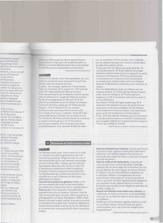 éc seapeBse cfaac _e
: -
tgit d'une œuvre sociale
en France,
es Jacob, a ainsi rr.
qui ne correspond
x Delluc :
-landais.
français, bien que le
irle pas la langue de
i cireur de chaussures,
• jeune Africain
e port du Havre et qui
fleterre. Plans
t dialogues
sme n'empêchent pas
¡ vraie tendresse pour
de la critique
uval de Cannes, le
¿ecembre.
iremier film est allé à
rage du Haïtien Djinn
mage en trois
de 150 euros.
lleMande. 18-19 décembre 2011
¿rfet quand on veut et quand on peut.
EhSesse, la vraie qui n'est ni attitude naïve, ni
;rd alors déftnitivement de sa connotation
e :5_olesse pour se transformer en force douce.
D'après http://www.lavoixdunord.fr
rd'hui, Carole, notre web spécialiste, ne nous
ente pas de site mais nous parle du goût des
es pour les réseaux sociaux...
t... Un sondage, réalisé par l'Observatoire
i en novembre 2011 auprès de 1200 salariés
30 responsables de réseaux sociaux
reprises de plus de 50 salariés, montre que les
ries plébiscitent l'usage des réseaux sociaux,
rook est largement en tête avec 61 % des
rés qui déclarent avoir et utiliser un compte.
Z devance YouTube utilisé par 23 % des salariés,
3oogle+, 14 %, et Twitter 6 %. Les réseaux
rssionnels sont aussi distancés avec 9 %
r Viadeo et 6 % pour Linkedln. Seuls 28 % des
salariés déclarent n'utiliser aucun réseau social.
Sur Facebook, 48 % des salariés disent se connecter
au moins une fois par jour et 31 % au moins
une fois par semaine. Pour ceux qui sont reliés
quotidiennement, 41 % assurent le faire de chez
TRANSCRIPTIONS
eux et seulement 14 % au bureau. Ceci confirme
que les réseaux sociaux sont surtout utilisés dans
le cadre delà sphère privée.
À quoi servent ces réseaux pour les salariés ? À
titre professionnel, 49 % des salariés interrogés
disent les utiliser avant tout pour agrandir le cercle
de leurs connaissances, 44 % pour prendre des
informations sur le marché ou les concurrents
ou encore pour communiquer avec les collègues.
Seuls 25 % déclarent se connecter pour chercher un
emploi.
Pour les demandes de mises en relation sur ces
réseaux sociaux, 67 % des salariés disent accepter
celles de leurs collègues, 26 % celles de leurs
supérieurs et 18 % seulement celles de leur patron
ou de la direction.
Par ailleurs, l'étude de Cegos montre que 20 %
seulement des salariés ont peur de parler de leur
employeur ou de leur entreprise sur les réseaux.
Si les autres n'ont aucune crainte, c'est sans doute
parce qu'ils ont tendance à s'autodiscipliner.
Enfin, 18 % des salariés estiment que ces nouveaux
outils de communication et d'accès à l'information
ont un aspect négatif sur la gestion de leur temps et
7 % sur leur charge de travail.
D'après http://actu.orange.fr et de http://www.lefigaro.fr
vient de publier
éditions François
*n cette journée
sse célébrée chaque
¿la
te. * Méprisée par l'élite
sse est aujourd'hui
Son histoire est
s la noblesse romaine,
ne, réhabilitée à la
r.efleur fanée
de. Le contraire de
anceté mais le
il de siècles de culture
tin de la notion de
sophes, et méprisée
rige en valeur
blesse.
Wir soi-même par
. en oubliant son
e qu'accéder à
à la portée de
s inatteignables de la
manuel Jaffelin
III Annonces et instructions orales
wWtfitifl
Ces derniers mois, peut-être à cause de la crise,
on constate une nette augmentation des vols
dans les lieux publics. Temps de crise ou non, il
faut reconnaître qu'ils sont souvent encouragés
par les victimes elles-mêmes, par leur manque
de prudence. Bien des vols à la tire ou des vols
à l'arraché pourraient être évités à condition
d'adopter certains comportements préventifs.
Un représentant de la préfecture de police nous
conseille sur ce qu'il convient de faire dans
différentes situations.
Dans les lieux publics en général, méfiez-vous
des mouvements de foule ou des bousculades,
favorables aux voleurs à la tire ou « pickpockets ».
Dans la rue, évitez de porter ostensiblement
appareils de photo ou caméras. Assurez-vous de
bien les tenir par leur courroie, même quand vous
photographiez ou filmez. Mesdames, veillez à bien
fermer votre sac à main, portez-le contre vous avec
les fermetures tournées vers l'intérieur. Messieurs,
boutonnez les poches intérieures de vos vêtements
et ne mettez pas votre portefeuille dans vos poches
arrière.
nwiiiuiiiwiimitiiiwiimiiimiiwwwuniiiiiww
Dans les transports en commun, surtout aux heures
de pointe, soyez vigilants, faites particulièrement
attention à vos affaires quand vous montez ou
descendez des rames de métro ou des bus ou encore
dans les escalators.
Dans les cafés ou les restaurants, ne posez pas
votre sac par terre, surtout pas dans le passage,
même à côté de votre siège. Ne l'accrochez pas non
plus au dossier de votre chaise, et surtout, fermez-
le ! Placez-le là où il sera difficile à atteindre ou
à subtiliser. Méfiez-vous également de toute
personne qui vient s'asseoir un peu trop près de
vous et qui jette, de façon apparemment négligente,
son manteau ou son imperméable sur votre sac.
Ne laissez pas non plus votre téléphone portable sur
la table, rangez-le.
Quand vous désirez vous rendre aux toilettes, au
restaurant, en train ou en avion, ne laissez jamais
votre sac ou un objet de valeur à votre place, sans
surveillance.
Quelle que soit la situation, gardez toujours un œil
sur vos biens. Mieux vaut prévenir que guérir,
quitte à passer pour une personne exagérément
soupçonneuse !
D'après www.prefecturedepolice.inteneur.gouv.fr
45
 