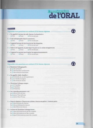 a:M,fcft.ia
éVORAL
•iiumummiimimHmmmmiimiiimnmmmmmimnmmimmnnmnuHmmiiinmmmmiimmmmnmmnmiimmiiii;
Répondez aux questions en cochant (X) la bonne réponse.
1 • On appelle le lecteur de code-barres «la douchette ».
3 Vrai U Faux 3 On ne sait pas
2 • Il est indispensable dans le commerce.
• Vrai • Faux 3 On ne sait pas
3 • L'appareil permet de lire les prix sur les étiquettes.
• Vrai • Faux • On ne sait pas
4 • Grâce à cet appareil, on peut taper les prix sur la caisse enregistreuse,
_l Vrai _) Faux • On ne sait pas
5 • L'appareil ne permet pas de gérer les approvisionnements.
• Vrai • Faux • On ne sait pas
Répondez aux questions en cochant (X) la bonne réponse.
1 • Christiane Collange parle :
a. • de sa famille
b. 3 des familles nombreuses
c. 3 des relations familiales
2 • On appelle « belle-famille » :
a. • la famille du ou de la partenaire
b. • la famille d'origine
c. _l les oncles et tantes
3 • Christiane Collange compte :
a. 3 17 familles
b. 3 7 familles
c. • 4 familles
4 • Les «grandes personnes » ont :
a. 3 entre 20 et 40 ans
b. 3 entre 70 et 100 ans
c. • entre 45 et 70 ans
5 • Dans le chapitre « Chacun son rythme, chacun ses goûts », l'auteure parle :
a. _J des horaires de chacun
b. • des problèmes de chacun
c. Q des désirs de chacun
6 • Le livre de Christiane Collange donne :
a. 3 des informations et pas de conseils
b. 3 des informations et des conseils
c. ï_l pas d'informations mais des conseils
25
 