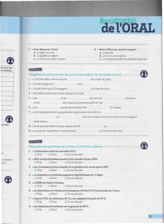 /.'^^^^
11111111(111
aimé le jeu
es acteurs
5 • Pour démarrer, il faut :
a. J taper un code
b. G appeler un agent
c. G avoir une clé de contact
6 • Avecla Blue car, on peut se garer :
a. J partout
b. J où il y a de la place
c. J uniquement dans les stations réservées
Complétez les phrases avec les mots et les chiffres du document sonore.
1 • « Le Train Bleu » est le nom du de la Gare de Lyon.
2 • Il a été inauguré le avril
3 • Il a été offert par la Compagnie à la Gare de Lyon.
4 • Ses salles constituent un bel exemple du style
et les. de cuir, les pourpres
du réseau.
5 • Les
et les de cristal sont représentatifs de l'art
6 • Les peintures illustrent des
7 • Les trois plafonds de la grande salle représentent les villes de
et dont les initiales forment le nom de la compagnie
et du réseau
8 • Deux grandes salles et deux salons ont été en
9 • Le nom de « Train Bleu » a été donné en en l'honneur du train
BBfflfli
Répondez aux questions en cochant (X) la bonne réponse.
1 • L'information date de novembre 2011.
G Vrai J Faux G On ne sait pas
2 • 2011 a été la douzième année la plus chaude depuis 1850.
G Vrai G Faux G On ne sait pas
3 • Les 13 années les plus chaudes de la planète sont toutes après 1997.
G Vrai J Faux J On ne sait pas
4 • La température moyenne augmente régulièrement del
h degré.
G Vrai G Faux J On ne sait pas
.
5 • L'OMM est basée à Durban.
G Vrai J Faux G On ne sait pas
6 • La diminution du volume de labanquise a été de 35 % d'une année surl'au
G Vrai J Faux J On ne sait pas
7 * Depuis 1750, les émissions de C02 ont augmenté de près de 40 %.
J Vrai G Faux G On ne sait pas
8 * Les émissions de méthane ont augmenté de 58 %.
J Vrai J Faux J On ne sait pas
31 *l
•
 