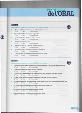 ESEES
¿TORAL
w/////////////////w//////////w/////^^^^
BBBBB
Répondez aux questions en cochant (X) la bonne réponse.
1 • La hausse de fréquentation concerne plutôt les petits musées.
• Vrai G Faux • On ne sait pas
2 • Fiy a une forte affluence les jours de gratuité.
G Vrai • Faux • On ne sait pas
3 • Le public est devenu plus jeune et plus féminin.
O Vrai 3 Faux 3 On ne sait pas
4 • Les visiteurs viennent en car.
• Vrai • Faux 3 On ne sait pas
5 • L'exposition «Manet » a accueilli 470 000 visiteurs.
• Vrai • Faux • On ne sait pas
6 • Les touristes anglais aiment visiter le Palais de l'Elysée.
3 Vrai 3 Faux 3 On ne sait pas
7 • La délocalisation du centre Pompidou a connu un vif succès.
• Vrai • Faux • On ne sait pas
GEBBBS9
Répondez aux questions en cochant (X) la bonne réponse.
1 • Les normes officielles en France et en Europe correspondent à des critères de quabté précis.
• Vrai • Faux G On ne sait pasG On ne sait pas
2 • L'AOC française est l'équivalent de l'AOP en Europe.
G Vrai G Faux G On ne sait pas
3 • L'AOC ou l'AOP ne garantissent pas une production dans une même zone géographique.
G Vrai • Faux G On ne sait DasG Vrai G Faux G On ne sait pas
4 • Le Label Rouge garantit l'excellente qualité d'un produit et l'origine du terroir.
G Vrai J Faux G On ne sait pas
5 • Le logo IGP ne signifie pas que toutes les étapes de fabrication ont été faites dans un même Ueu.
G Vrai G Faux G On ne sait pas
6 • La plupart des produits espagnols et italiens bénéficient du logo STG.
G Vrai G Faux G On ne sait pas
7 • Le logo bio-européen n'est pas semblable au logo AB.
G On ne sait pasG Vrai G Faux
8 • Les produits portant un label ou un logo sont plus chers.
G Vrai Q Faux G On ne sait pas
33
 