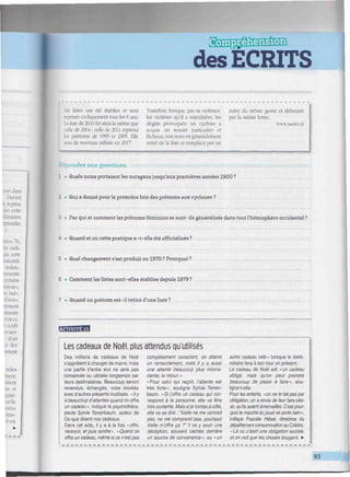 des ECRITS
ummmimmimimimumimmimmimmmmmmmnmmumunimmumammmmiimiinimimi, wmm
Sx listes ont été établies et sont Toutefois, lorsque, par sa violence, autre du même genre et débutant
reprises cycliquement tous les 6 ans. les victimes qu'il a entraînées, les par la même lettre.
La liste de 2010fotainsi la même que dégâts provoqués, un cyclone a www.meteo.fr
.elle de 2004 ; celle de 2011 reprend acquis un renom particulier et
- prénoms de 1999 et 2005. Elle fâcheux, son nom est généralement
sera de nouveau utilisée en 2017. retiré de la liste et remplacé par un
Répondez aux questions.
1 • Quels noms portaient les ouragans jusqu'aux premières années 1900?
2 • Qui a donné pour la première fois des prénoms aux cyclones ?
3 • Par qui et comment les prénoms féminins se sont-ils généralisés dans tout l'hémisphère occidental ?
4 • Quand et où cette pratique a-t-elle été officialisée ?
5 • Quel changement s'est produit en 1970 ? Pourquoi ?
6 • Comment les listes sont-elles établies depuis 1979?
7 i Quand un prénom est-il retiré d'une liste?
wm'unJHI
Les cadeaux de Noël, plus attendus qu'utilisés
Des millions de cadeaux de Noël
s'apprêtent à changer de mains, mais
une partie d'entre eux ne sera pas
conservée ou utilisée longtemps par
leurs destinataires. Beaucoup seront
revendus, échangés, voire stockés
avec d'autres présents inutilisés. «Ily
a beaucoup d'attentes quand on offre
un cadeau», indique la psychothéra-
peute Sylvie Tenenbaum, auteur de
Ce que disent nos cadeaux.
Dans cet acte, il y a à la fois «offrir,
recevoir, et puis rendre». «Quand on
offre un cadeau, même si ce n 'est pas
complètement conscient, on attend
un remerciement, mais il y a aussi
une attente beaucoup plus incons-
ciente, le retour. »
«Pour celui qui reçoit, l'attente est
très forte», souligne Sylvie Tenen-
baum. «Si j'offre un cadeau qui cor-
respond à la personne, elle va être
très contente. Mais sije tombe à côté,
elle va se dire : "Il/elle ne me connaît
pas, ne me comprend pas, pourquoi
il/elle m'offre ça ?" Il va y avoir une
déception, souvent cachée derrière
un sourire de convenance», ou «un
autre cadeau raté» lorsque le desti-
nataire fera à son tour un présent.
Le cadeau de Noël est «un cadeau
obligé, mais qu'on peut prendre
beaucoup de plaisir à faire», sou-
ligne-t-elle.
Pour les enfants, «on ne le fait pas par
obligation, on a envie de leur faire plai-
sir, qu'ils soient émerveillés. C'est pour-
quoi le marché du jouet se porte bien »,
indique Pascale Hèbel, directrice du
département consommation au Crédoc.
«Là où c'était une obligation sociale,
et on voit que les choses bougent. •
_ _
93
 