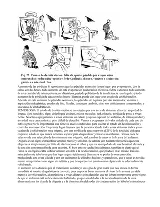 Aumento de las pérdidas Si recordamos que las pérdidas normales tienen lugar: por evaporación. con la 
orina, con las heces, todo aumento de esta evaporación (sudoración excesiva, fiebre o disnea), todo aumento 
de esta cantidad de orina (poluria por diuréticos, período poliúrico de la insuficiencia renal aguda) y todo 
aumento de la pérdida de agua con las heces (diarrea), puede dar lugar a un estado de deshidratación. 
Además de este aumento de pérdidas normales, las pérdidas de líquidos por vías anormales: vómitos o 
aspiración endogástrica, estados de íleo, fístulas, conducen también, si no son debidamente compensadas, a 
un estado de deshidratación. 
SEMIOLOGíA El estado de deshidratación se caracteriza por una serie de síntomas clásicos: sequedad de 
lengua, ojos hundidos, signo del pliegue cutáneo, rodete muscular, sed, oliguria. pérdida de peso, a veces 
fiebre. Nosotros agregaríamos a estos síntomas un estado psíquico especial del enfermo, de intranquilidad y 
ansiedad muy característico, pero difícil de describir. Vamos a ocuparnos del valor aislado de cada uno de 
estos signos por la importancia que tiene su análisis individual para valorar el estado de deshidratación y 
controlar su corrección. En primer lugar diremos que la presentación de todos estos síntomas indica ya un 
cuadro de deshidratación muy intenso, con una pérdida de agua superior al 25% de la totalidad del agua 
corporal, estado al que nunca debemos esperar para diagnosticar y tratar a un enfermo. Hemos pues de 
valernos de una selección de los síntomas son: oliguria, sed, cambio de aspecto de la cara del enfermo. 
Oliguria es un signo extraordinariamente precoz y sensible. Se admite con bastante frecuencia que esta 
oliguria es simplemente por falta de oferta acuosa al riñón y que va acompañada de una densidad elevada y 
de una alta concentración de urea en orina. Si bien esto es verdad inicialmente, también es cierto que el 
riñón es un órgano extra ordinariamente sensible a la deshidratación, que produce en el mismo lesiones 
principalmente tubulares que dan lugar a que rápidamente disminuya su poder de concentración, 
produciendo una orina diluida y con un sedimento de cilindros hialinos y granulosos, que a veces es torcida 
mente interpretado como signo de nefritis y que desaparece tan pronto como el paciente es adecuadamente 
rehidratado. 
El aumento de la diuresis por el tratamiento constituye un signo de gran valor que nos indica en forma 
inmediata si nuestro diagnóstico es correcto, pues en pocas horas aumenta el ritmo de la misma paralela 
mente a la rehidratación, alcanzándose a veces diuresis considerables que no deben interpretarse como signo 
de que el enfermo esté suficientemente hidratado, ya que son debidas a la acción diurética de la urea 
almacenada en los días de la oliguria y a la disminución del poder de concentración del túbulo lesionado por 
 