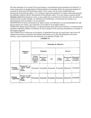 Esto hace disminuir el ion común CO lo que da lugar a una disminución del numerador de la fracción 2 y, 
como consecuencia un desplazamiento del denominador al numerador (flecha de rayas) para mantener la 
constante de disociación del bicarbonato sódico. Como vemos, esto da como resultado final una 
disminución de bicarbonato sádico. Así, la alcalosis respiratoria producirá: En sangre: Disminución parcial 
del anhídrido carbónico (pCO). Disminución del bicarbonato sódico. Si es muy intensa, aumento del pH 
Alcalosis renal Prácticamente no existe, ya que cuando hay un trastorno de la función renal, éste afecta a la 
eliminación de la acidez titulable, a la reabsorción de bicarbonato, a la formación de amoniaco con 
disminución de estas actividades y no con aumento. 
DIAGNÓSTICO se basa en la presencia de signos clínicos o de laboratorio con las peculiaridades de cada 
tipo que hemos ido viendo y que resumimos en el cuadro IV de la página anterior. 
ETIOLOGÍA Mucho menos frecuente, y en general mucho menos grave que la acidosis, es la alteración del 
equilibrio ácidobásico debido a la alcalosis, la cual se produce en los casos que presentamos en el cuadro V 
de la página siguiente. 
TRATAMIENTO Lo mismo que en la acidosis, el tratamiento tiene que ser causal, pero, aquí como allí, 
también ha de tratarse el trastorno del equilibrio ácido básico en sí. Para ello disponemos de cloruro 
amónico, cuyas características han sido expuestas en el apéndice III (pág. 185). 
 