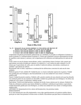 componentes del plasma presentando gráficamente sus cantidades ex presadas en miligramos (columna 1). 
moles (columna 2) y miliequivalentes (columna 3). Vemos que solamente la tercera representación da idea 
de equilibrio entre aniones y cationes y de la importancia de la diferente actividad química de cada uno de 
ellos, 
Como vemos en caso de átomos monovalentes, moles y equivalentes tienen el mismo valor, puesto que 
equivalentes son moles dividido por valencia y la valencia es 1, así 4 moles de sodio (valencia 1) es lo 
mismo que 4 equivalentes de sodio, pero en cambio 4 moles de carbono, tetravalente, constituyen en 
realidad 1 equivalente de carbono. 
Resumiendo todo lo dicho, exponemos a continuación las definiciones concretas de cada una de estas 
unidades. 
Molécula gramo O mol, símbolo M. Unidad de peso: es el peso molecular expresa do en gramos. Unidad 
muy grande para usos biológicos, más frecuentemente se usa una unidad mil veces menor: el milimol, 
símbolo mM. 
Osmol; Unidad de presión osmótica. Símbolo osM., presión osmótica de una solución en la que hay disuelta 
una molécula gramo de una sustancia no disociable. Unidad muy grande para usos biológicos. Se utiliza una 
unidad mil veces menor: el miliosmol, símbolo mosM. 
Equivalente: Unid de actividad química, resultante de dividir el peso atómico por la valencia. Símbolo Eq. 
Todas las substancias químicas que tienen afinidad se combinan o substituyen equivalente a equivalente. 
Unidad demasiado grande para usos biológicos, se utiliza una unidad mil veces menor: el miliequivalente. 
símbolo mEq. 
APÉNDICE II. Interpretación de los valores del hematocrito y las proteínas totales. 
HEMATOCRITO 
Es el valor hematocrito una cifra interpretada a veces algo caprichosamente en la práctica médica diaria, 
quizá por no tener bien presente la forma como se obtiene. Recordemos que para hacer un hematocrito se 
 