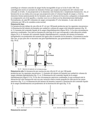 centrífuga un volumen conocido de sangre hecha incoagulable al que se le da el valor 100, Esta 
centrifugación motiva el acúmulo de elementos formes que ocupan una proporción del volumen total 
colocado en el tubo. A esta proporción se le denomina valor hematocrito o simplemente hematocrito. Así, el 
hematocrito no nos indica otra cosa que una proporción entre el volumen liquido de sangre y el de los 
elementos formes (prácticamente de los hematíes, pues el volumen de leucocitos y plaquetas es despreciable 
en comparación con el de aquellos, y muchas veces no se observa en las determinaciones habituales). 
Normalmente, de cada l00 volúmenes de sangre corresponden 47 a los hematies. A este valor de 45 
volúmenes por 100 se le considera como normal. 
Hematocr ito bajo 
Un hematocrito por debajo de esta cifra de 45 vol, por 100 puede producirse por los siguientes mecanismos: 
1) Disminución del número de hematíes por unidad de volumen de sangre total obtenida (anemia) (fig. 50 
a). 2) Aumento del contenido líquido de la sangre (hiperhidratación) (figura 50 b). 3) Las dos circunstancias 
anteriores combinadas. Esto dará un hematocrito más bajo de lo que corresponde a cada alteración aislada 
(figura 50 c). 4) Aumento del contenido liquido (hiperhidratación) y aumento del número de hematíes 
(poliglobulia) con predominio del aumento del aguas obre el aumento de los hematíes. Circunstancia mucho 
más rara, ya que para ello es necesaria una gran hiperhidratación, que generalmente el enfermo no tolera 
(fig. 50 d). 
Hematocr ito alto Un hematocrito por encima de esta cifra de 45 vol, por 100 puede 
producirse por los siguientes mecanismos: 1) Aumento del número de hematíes por unidad de volumen de 
sangre obtenida (hiperglobulia) (fig. 51 a). 2) Disminución del contenido líquido de la sangre 
(deshidratación) (figura 51 b). 3) Las dos circunstancias anteriores combinadas, lo que acentuará más la 
alteración del valor hematocrito aun con una variación relativa mente pequeña de cada una de las causas 
anteriores (fig. 51 c). 4) Disminución del número de hematíes (anemia) y disminución del contenido liquido 
de la sangre (deshidratación) con predominio de la disminución del agua (fig. 51 d). 
Hematocr ito normal 
 