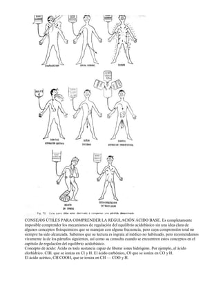 CONSEJOS ÚTILES PARA COMPRENDER LA REGULACIÓN ÁCIDO BASE. Es completamente 
imposible comprender los mecanismos de regulación del equilibrio acidobásico sin una idea clara de 
algunos conceptos fisioquimicos que se manejan con alguna frecuencia, pero cuya comprensión total no 
siempre ha sido alcanzada. Sabemos que su lectura es ingrata al médico no habituado, pero recomendamos 
vivamente la de los párrafos siguientes, así como su consulta cuando se encuentren estos conceptos en el 
capítulo de regulación del equilibrio acidobásico. 
Concepto de ácido: Ácido es toda sustancia capaz de liberar iones hidrógeno. Por ejemplo, el ácido 
clorhídrico. CIH. que se ioniza en CI y H. El ácido carbónico, C0 que se ioniza en CO y H. 
El ácido acético, CH COOH, que se ioniza en CH — COO y H. 
 